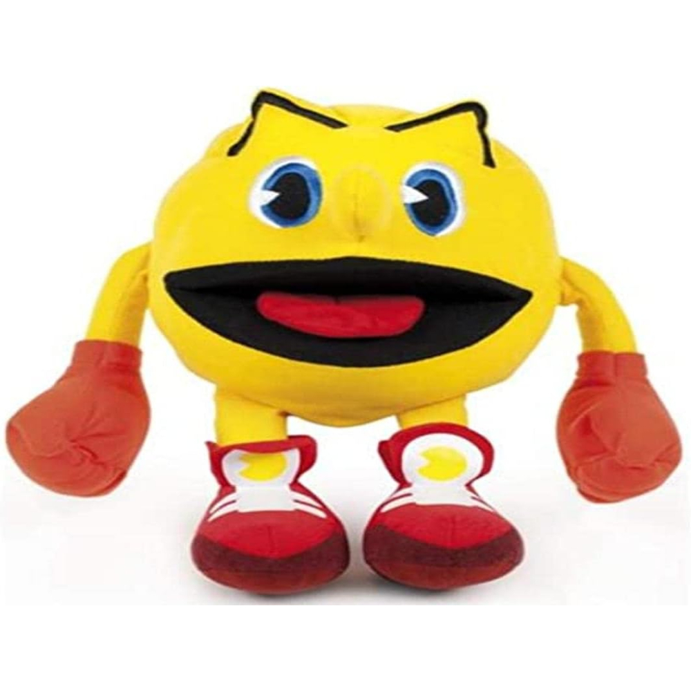 Ein gelbes Pac-Man-Plüschtier mit roten Handschuhen und Schuhen, schwarzem Mund und blauen Augen.