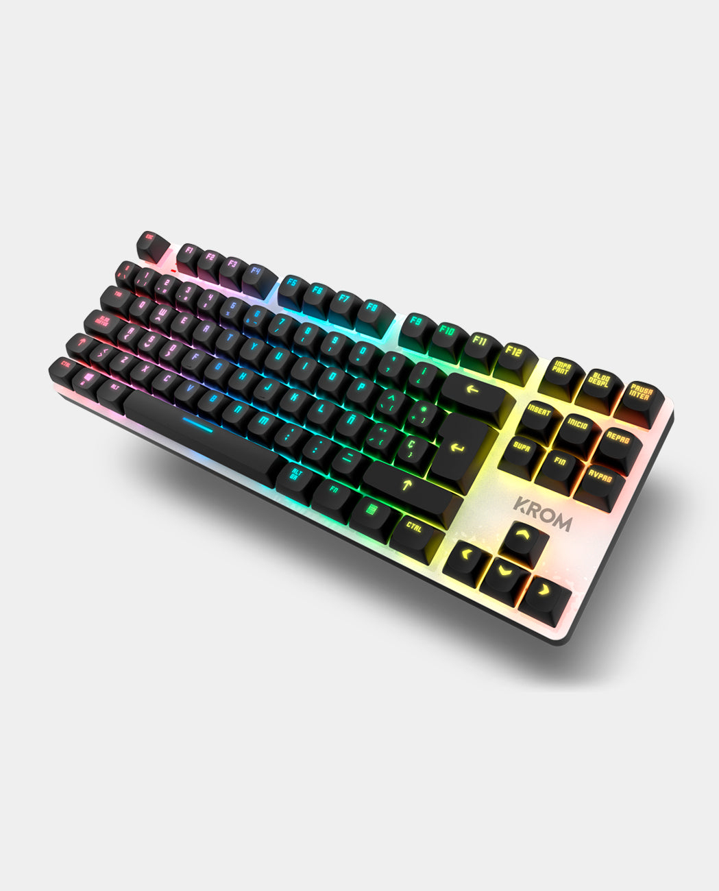 Tastiera gaming nera con tasti colorati e illuminati su sfondo bianco.
