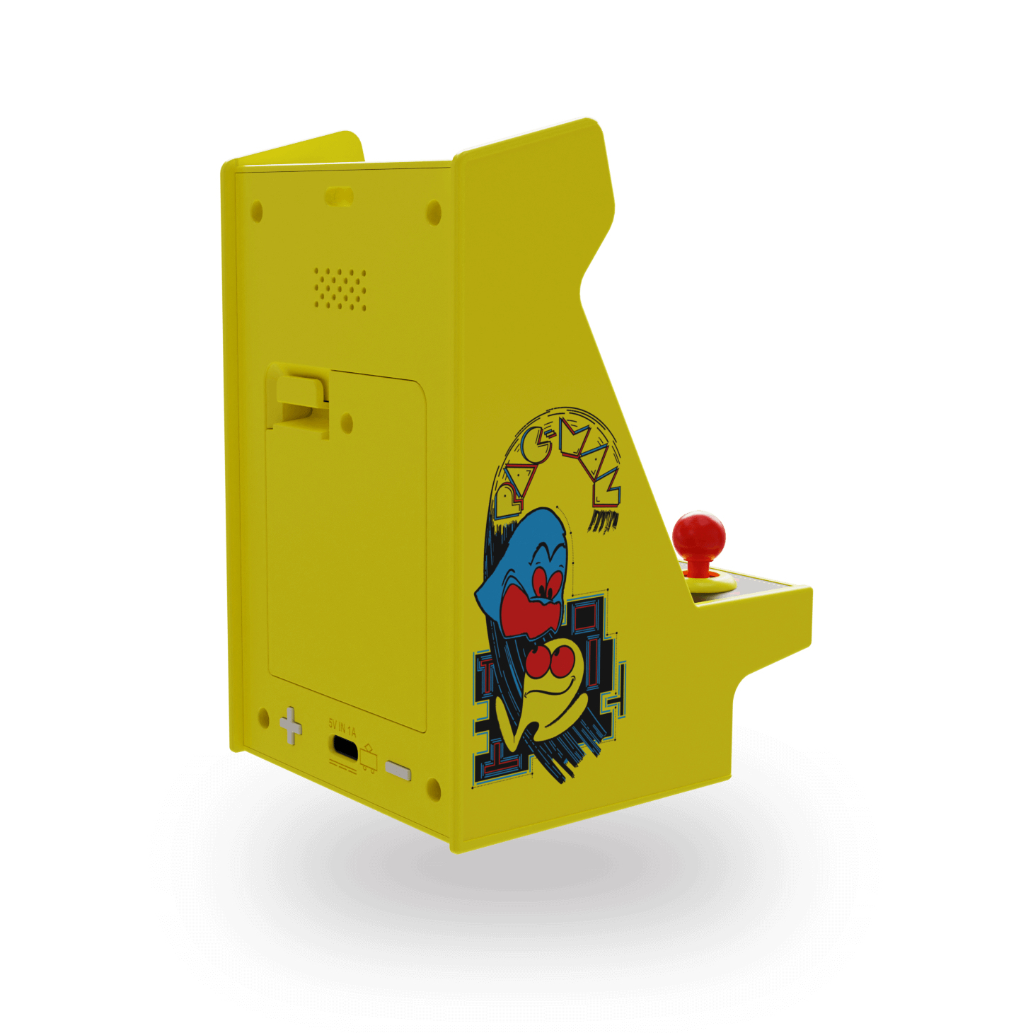 Żółta maszyna do gier Pac-Man. Zawiera grafikę Pac-Mana i czerwony joystick.
