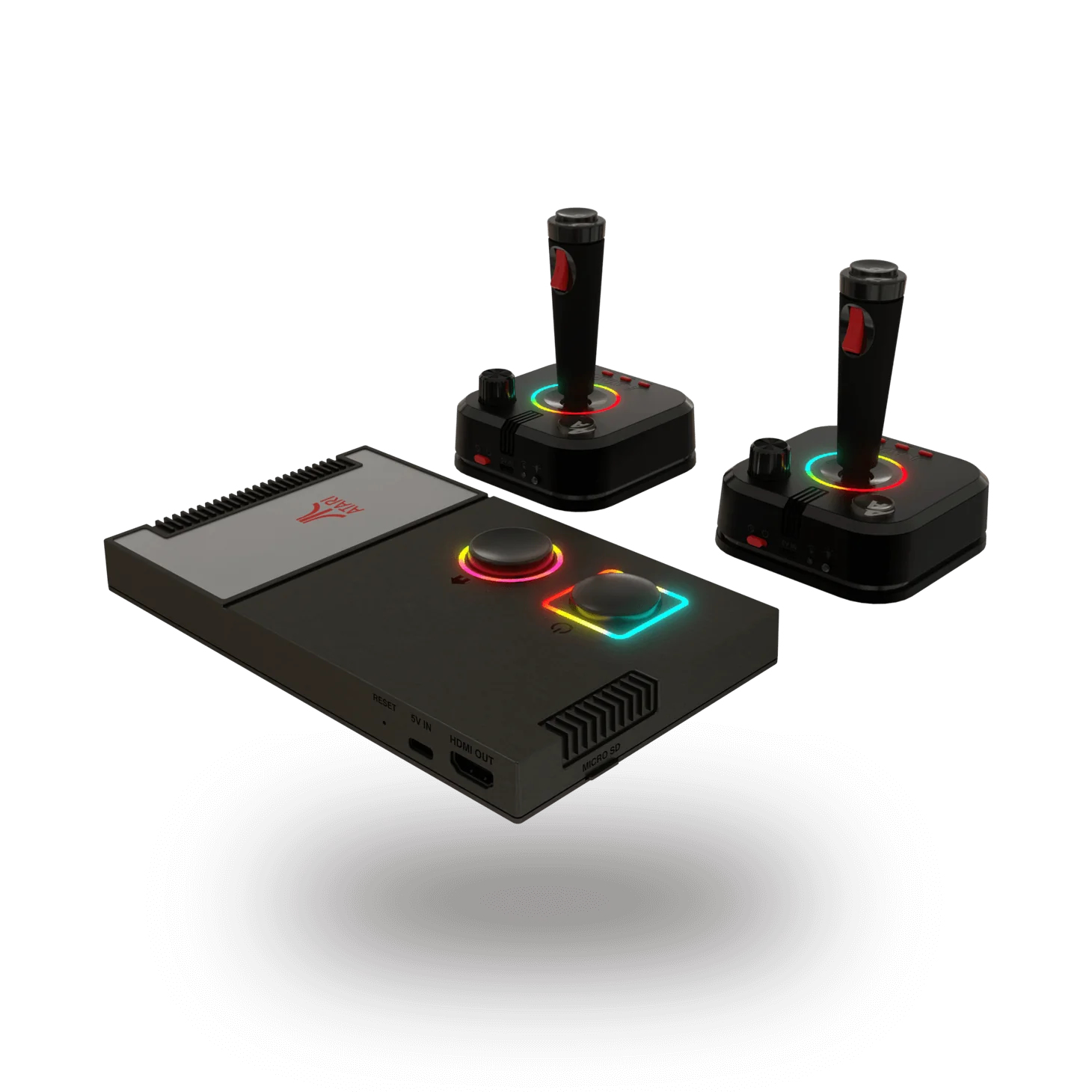 Consola de juegos retro negra con dos joysticks. La consola y los joysticks tienen luces.