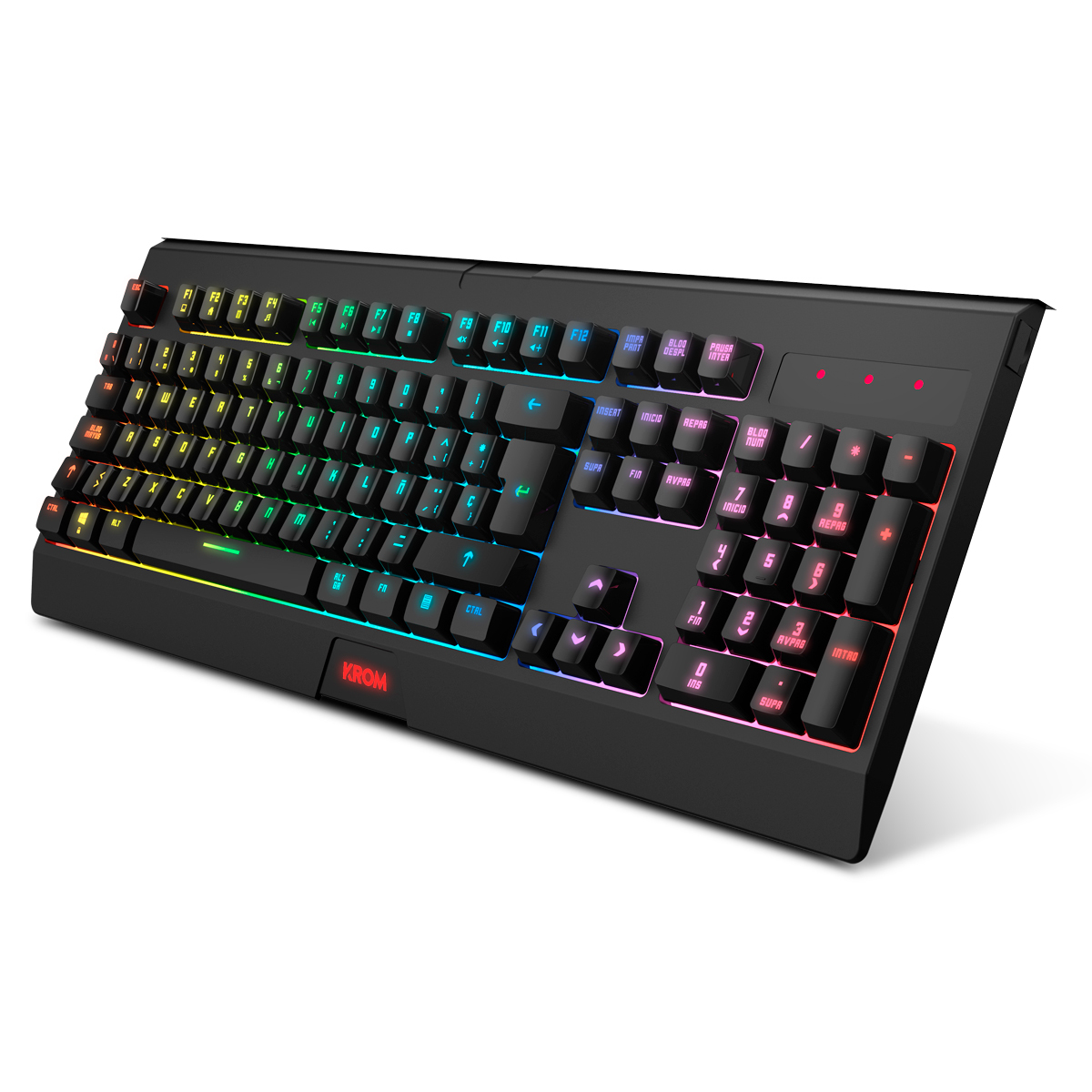 Tastiera da gioco nera con tasti multicolore. Logo KROM in basso.