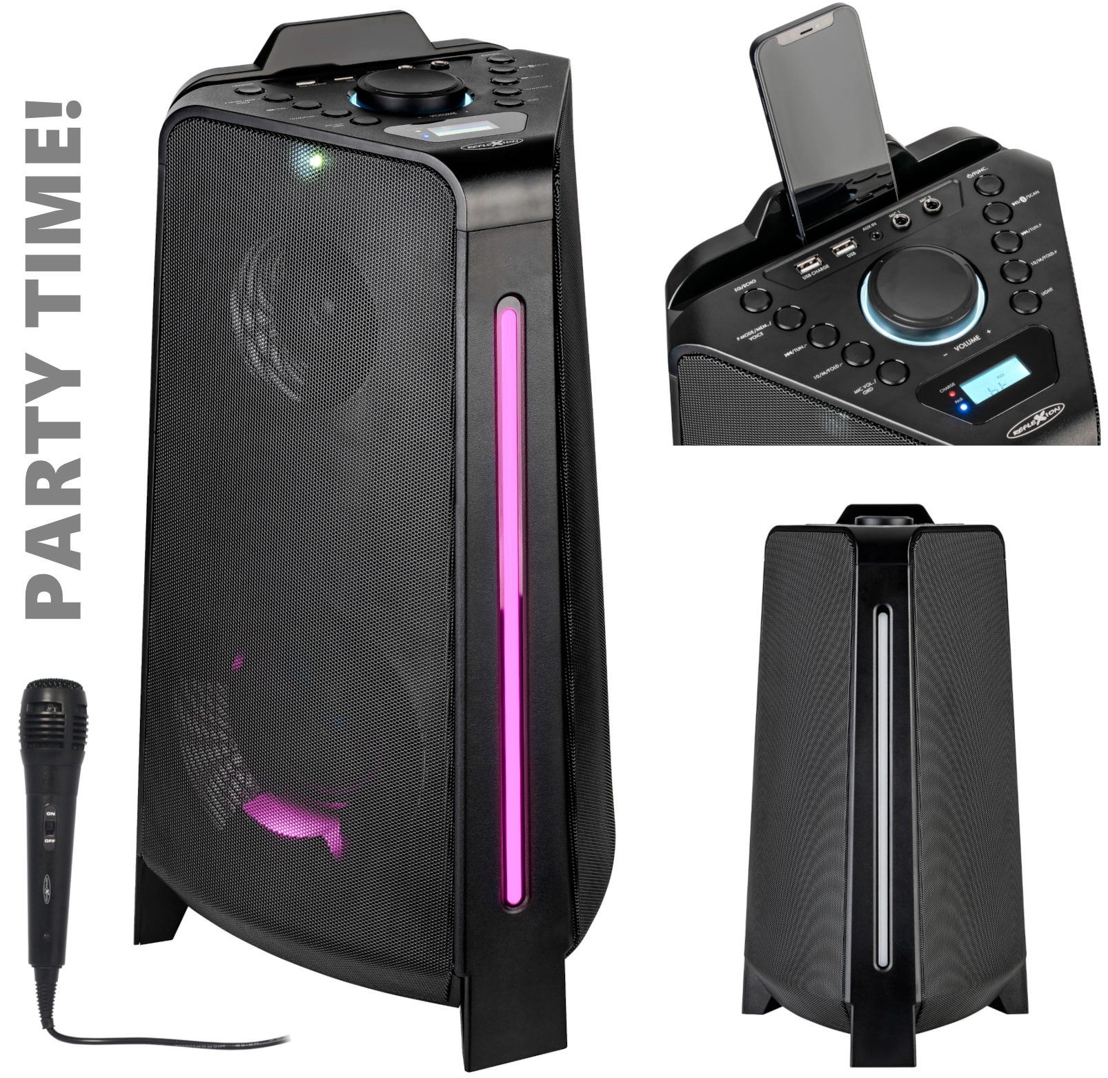 Altoparlante nero con microfono. Striscia luminosa rosa. Il collage mostra i dettagli dell'altoparlante, il microfono e il supporto per telefono.