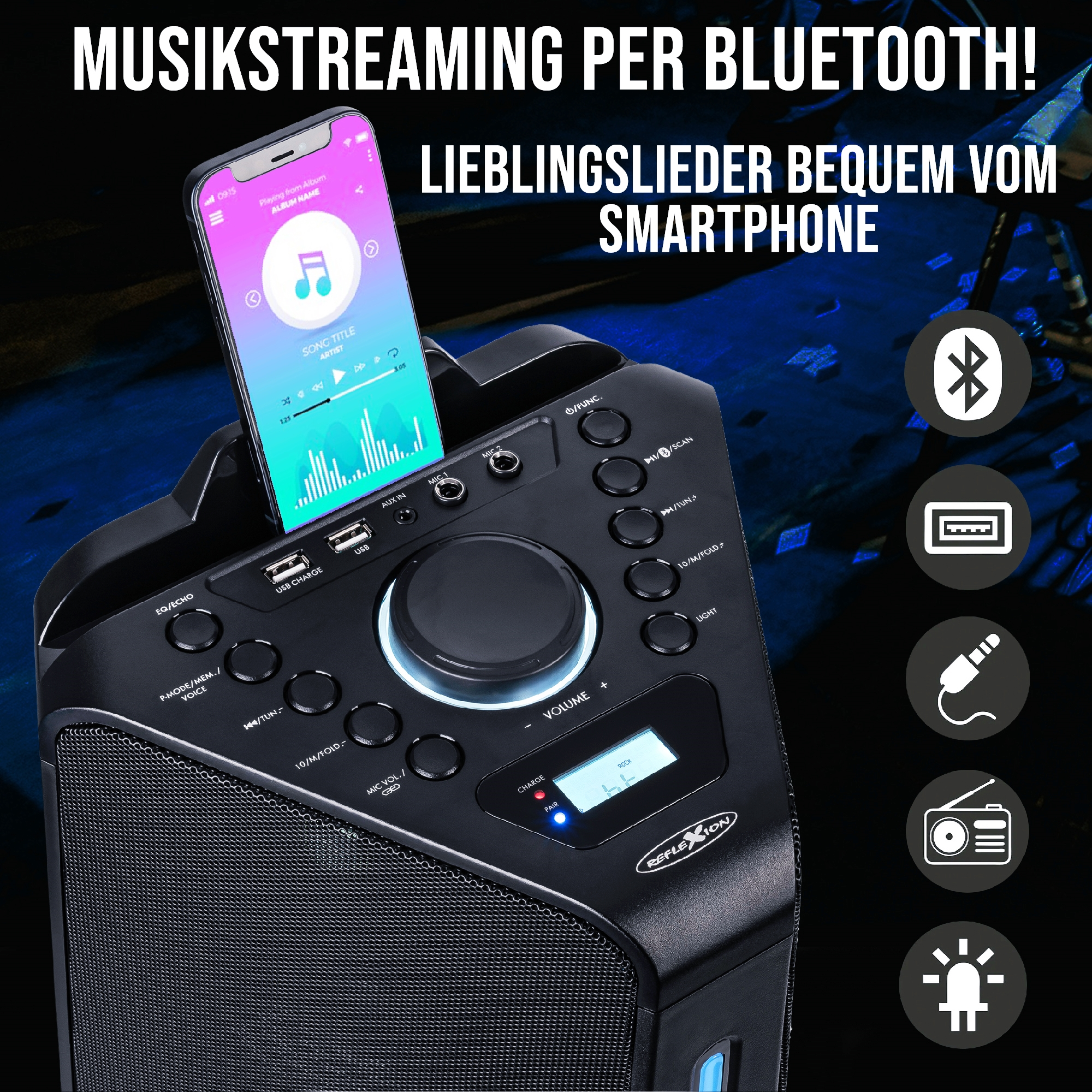 Altoparlante nero con telefono che mostra musica. Testo: 'Streaming musicale via Bluetooth'.