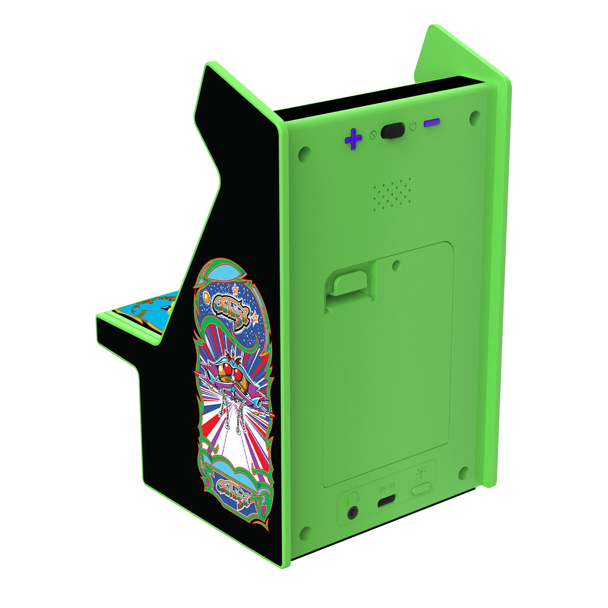 Zielona gra zręcznościowa w stylu retro. Ma czarny ekran i kolorową grafikę gry z boku.