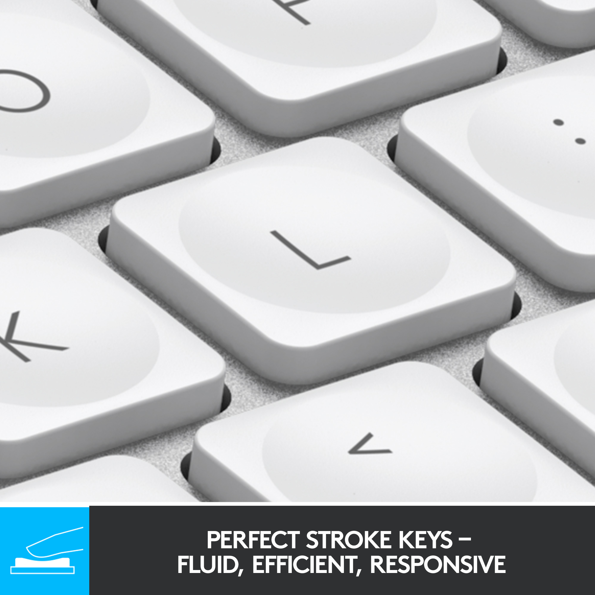 Zbliżenie białych klawiszy klawiatury, pokazujące literę 'L' i tekst 'Perfect Stroke Keys'.