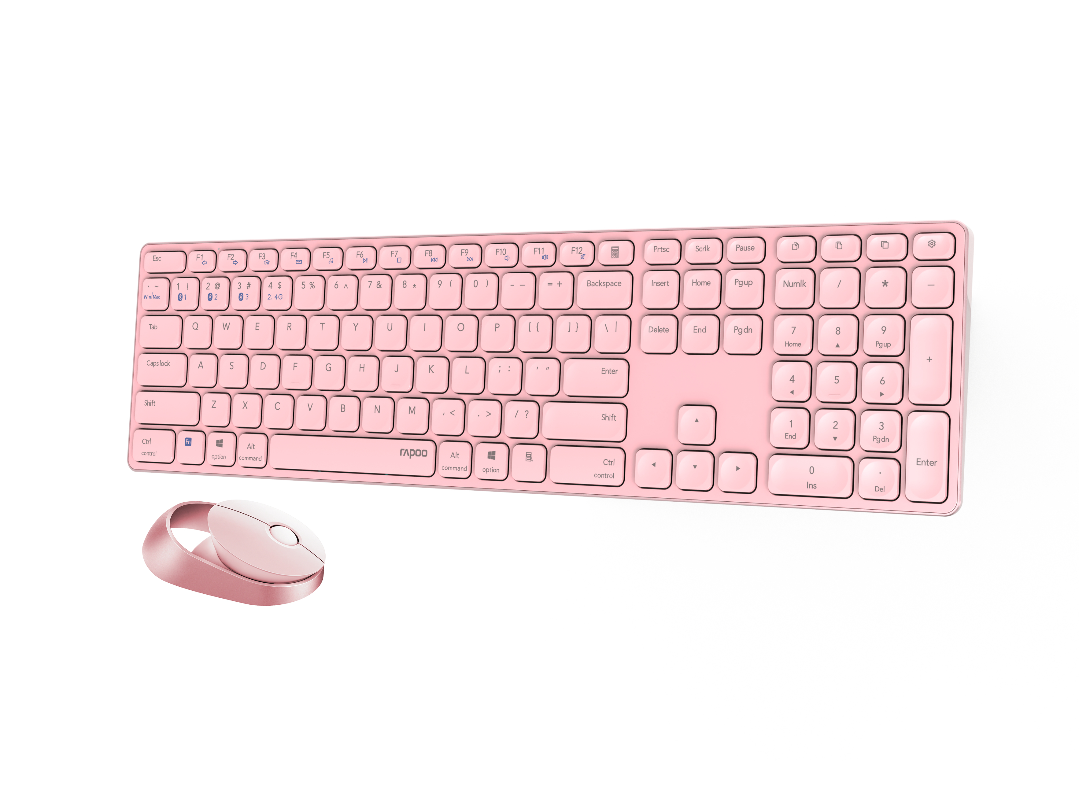 Set tastiera e mouse rosa su sfondo bianco, design wireless.