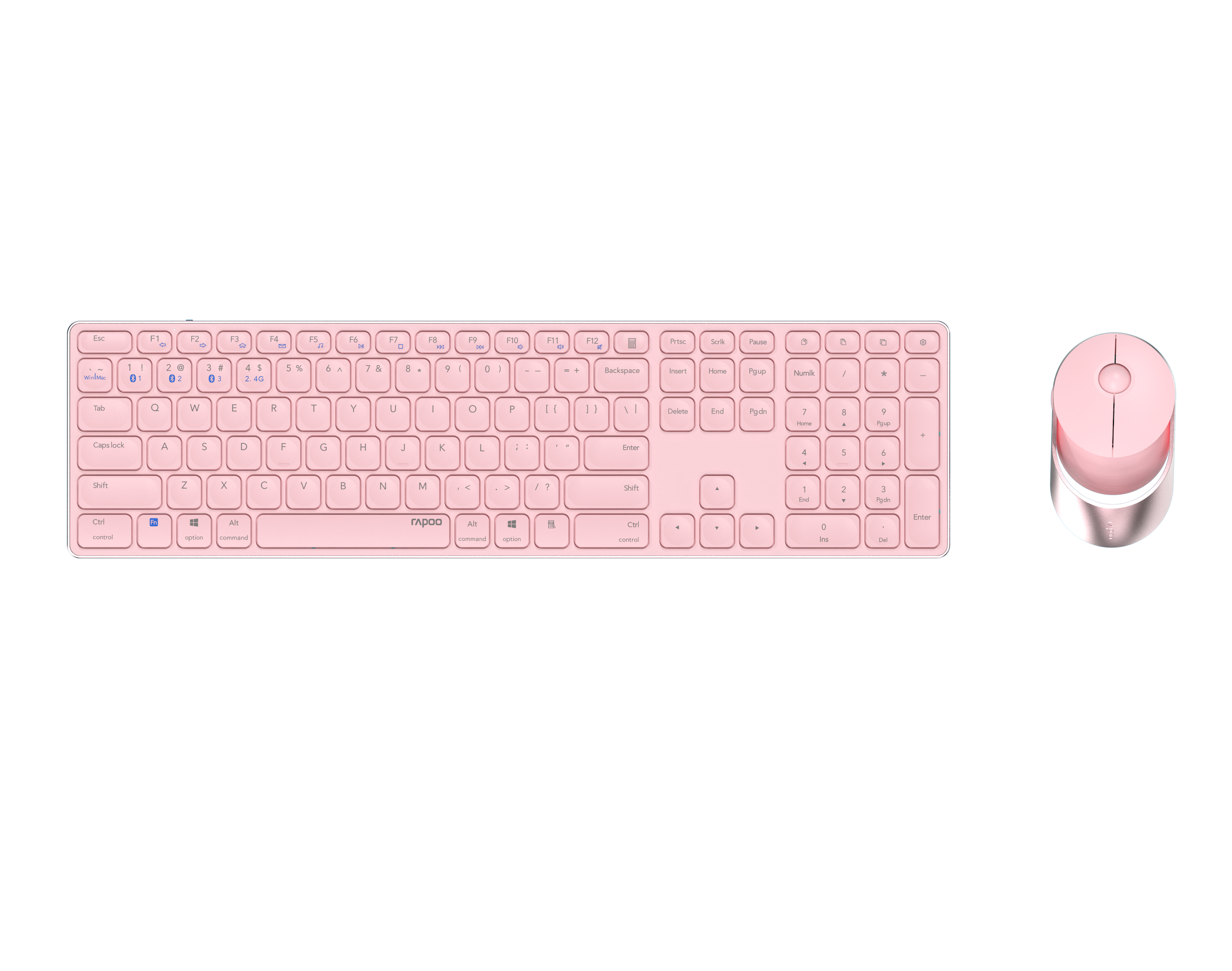 Una tastiera rosa e un mouse circolare rosa su sfondo bianco, vista dall'alto.