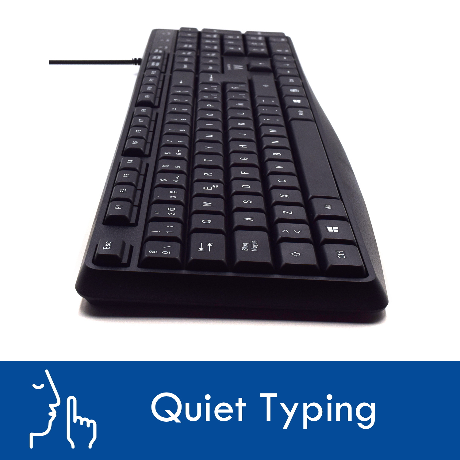 Schwarze Tastatur auf weißem Hintergrund. Es hat viele Tasten. Das Bild ist geneigt. Das Tippen ist leise.