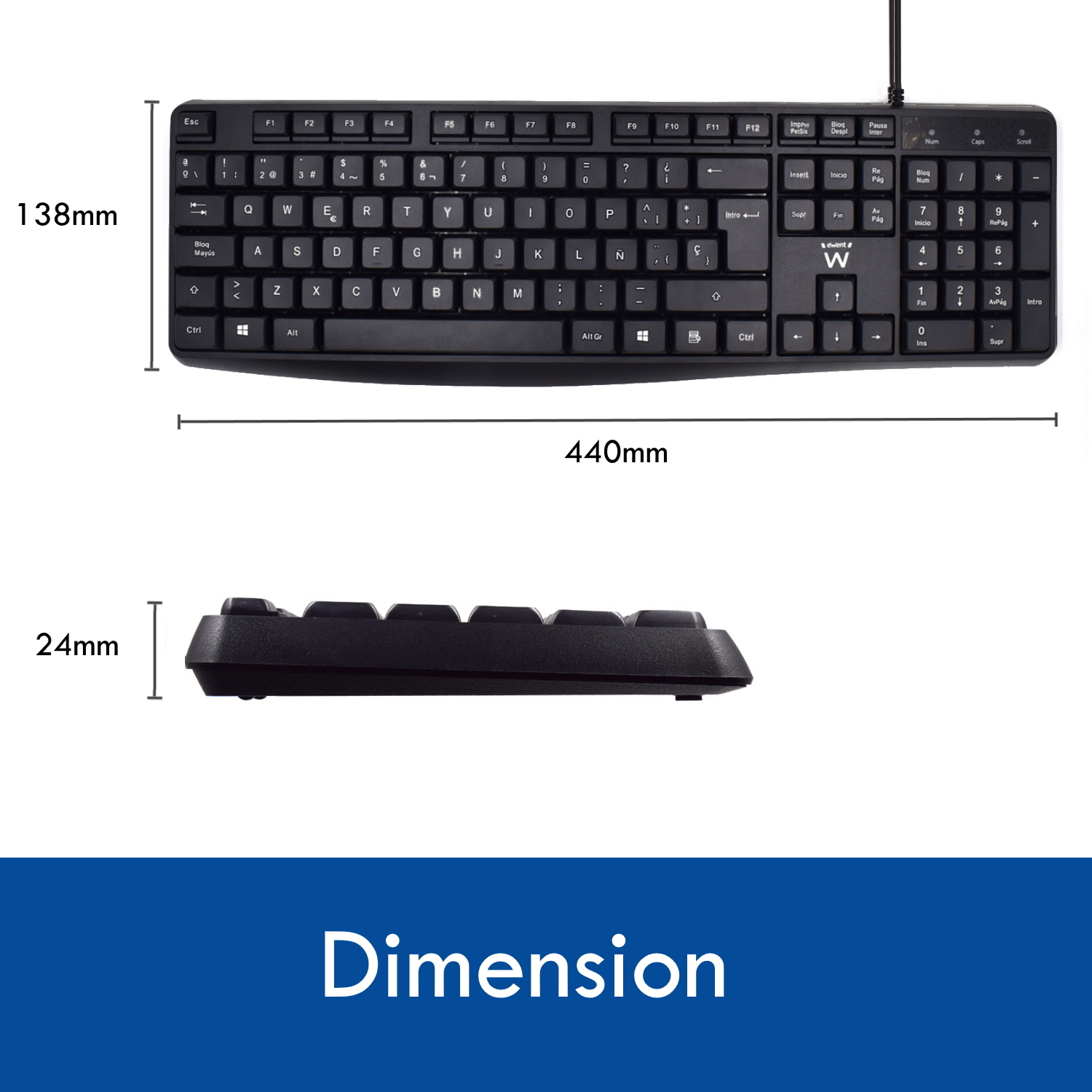 Schwarze Tastatur mit angegebenen Abmessungen. Die Tastatur ist 440mm lang und 24mm hoch.