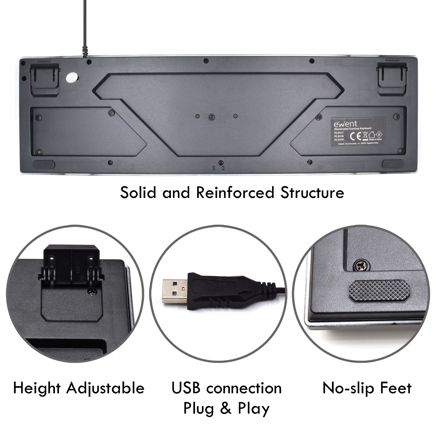 Pokazano spód czarnej klawiatury. Funkcje obejmują regulację wysokości, połączenie USB i nóżki antypoślizgowe.