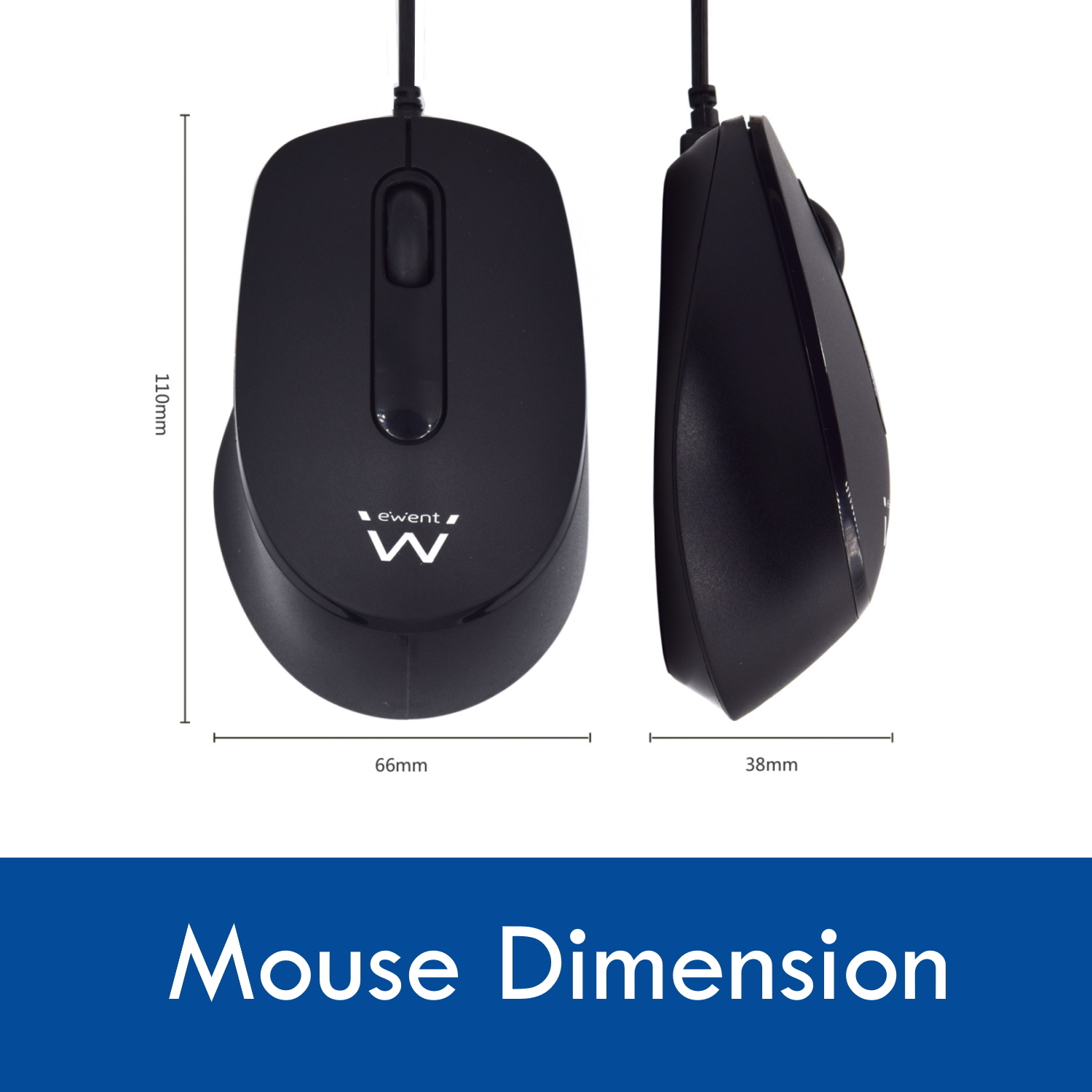 Czarna mysz komputerowa z wymiarami w milimetrach.