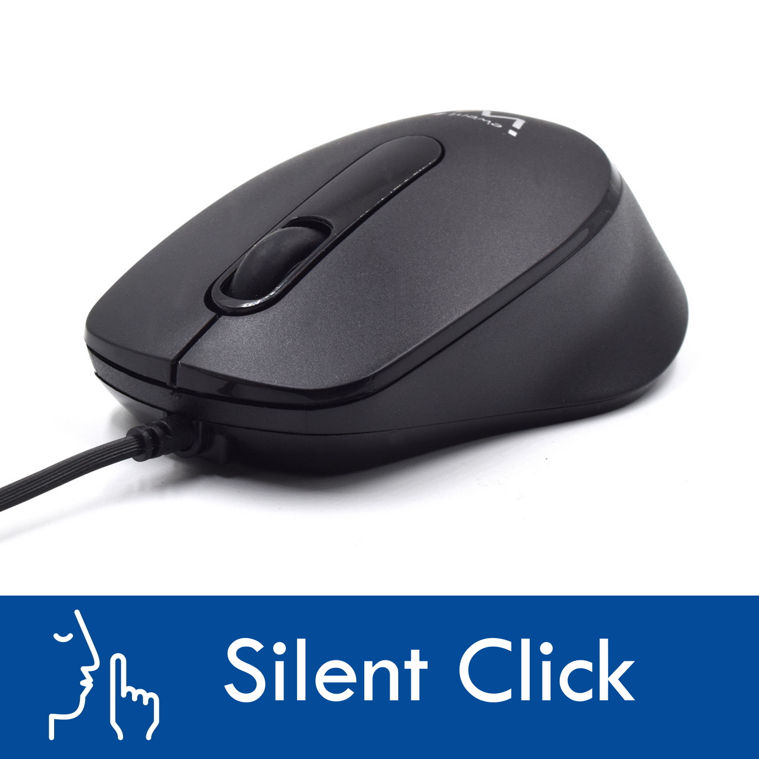 Mouse nero con clic silenzioso, su sfondo bianco.