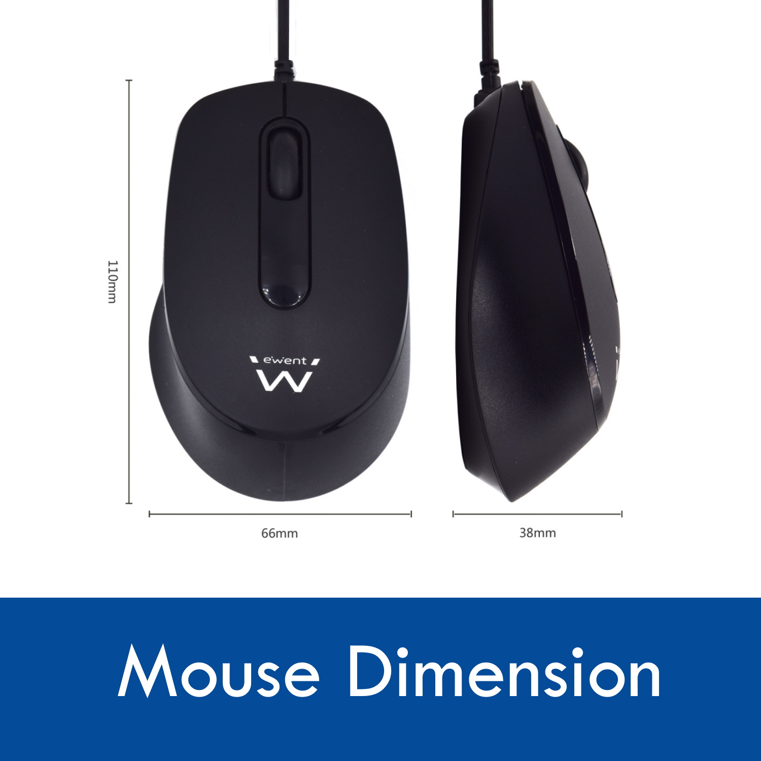 Dimensioni del mouse che mostrano altezza e larghezza. Il mouse è nero, su sfondo bianco.