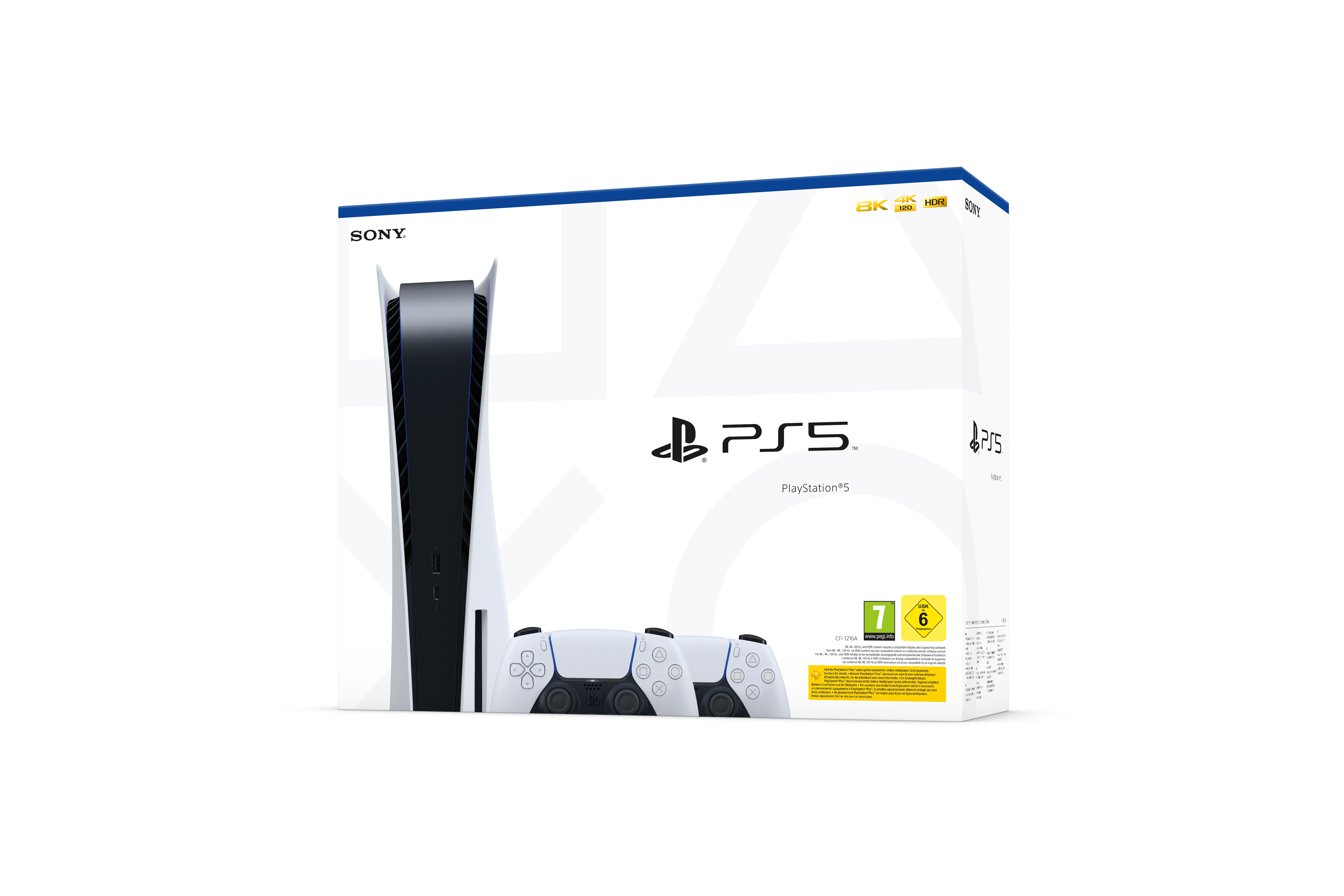 PlayStation 5 Konsole und Controller auf weißem Hintergrund. Die Box wird auch gezeigt.