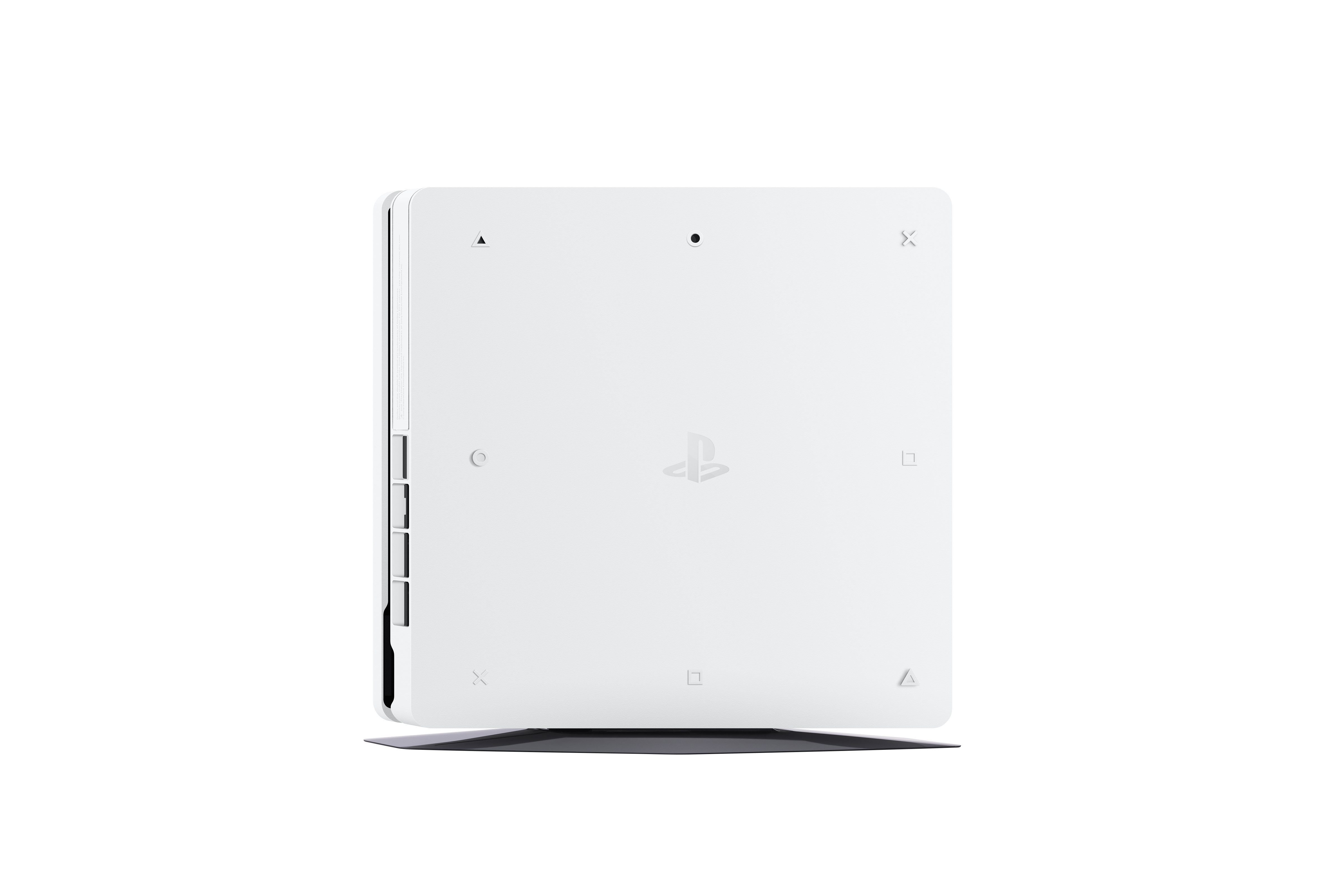 Eine weiße PlayStation-Konsole, von oben betrachtet, mit dem PlayStation-Logo sichtbar.