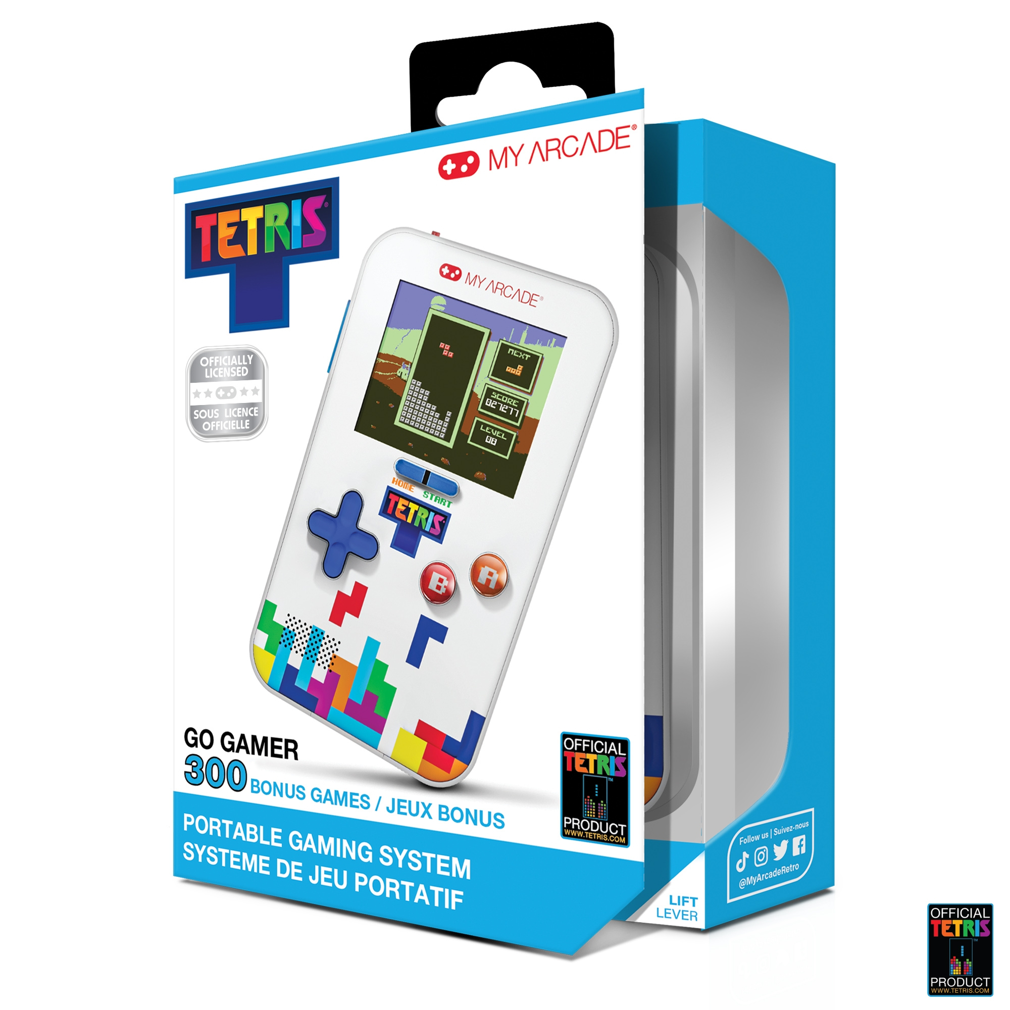 Konsola przenośna Tetris Go Gamer w pudełku. Biała z kolorowymi przyciskami kontrolera gier. Ekran gry Tetris.