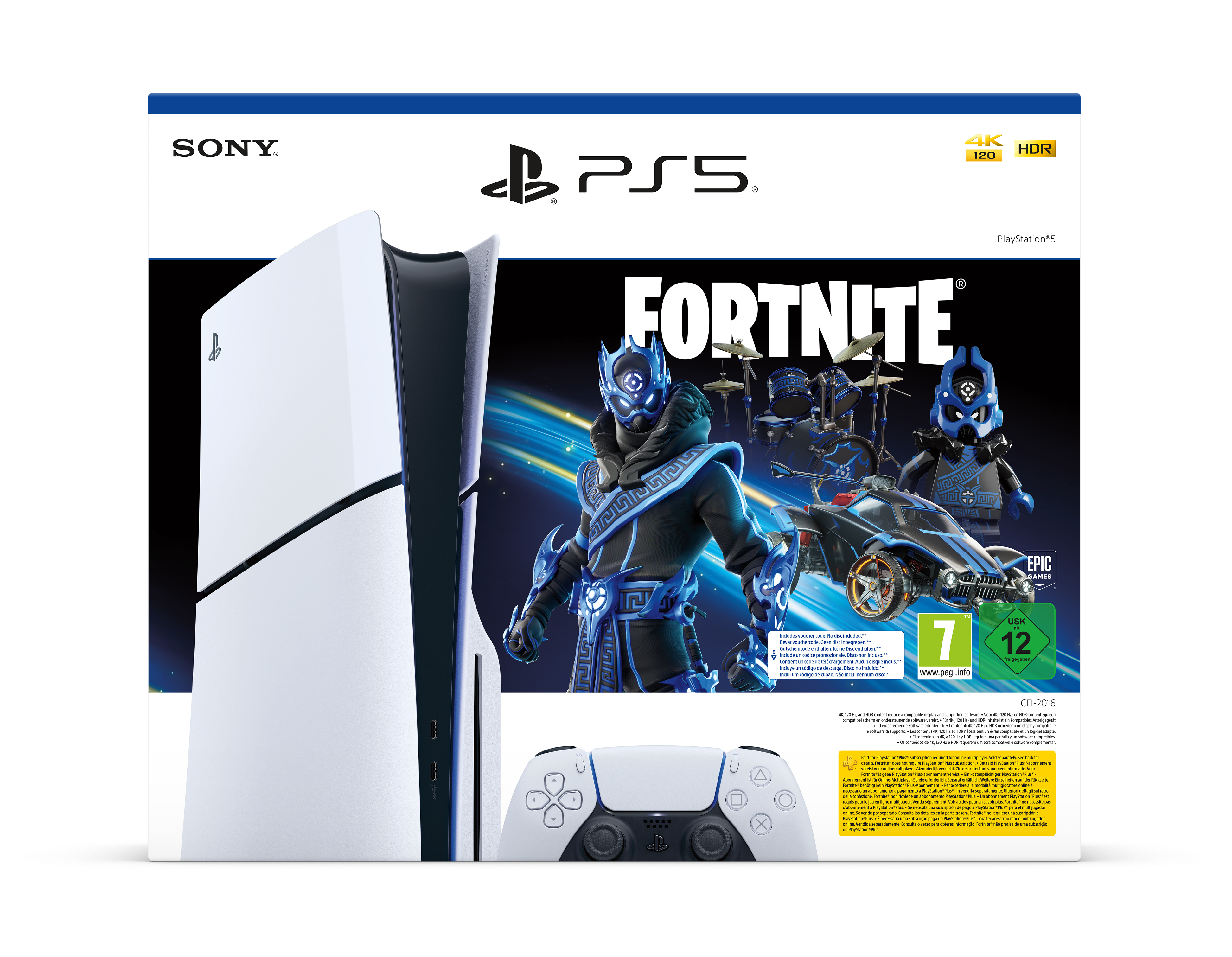 Konsola PlayStation 5 i kontroler z pudełkiem gry Fortnite w tle.