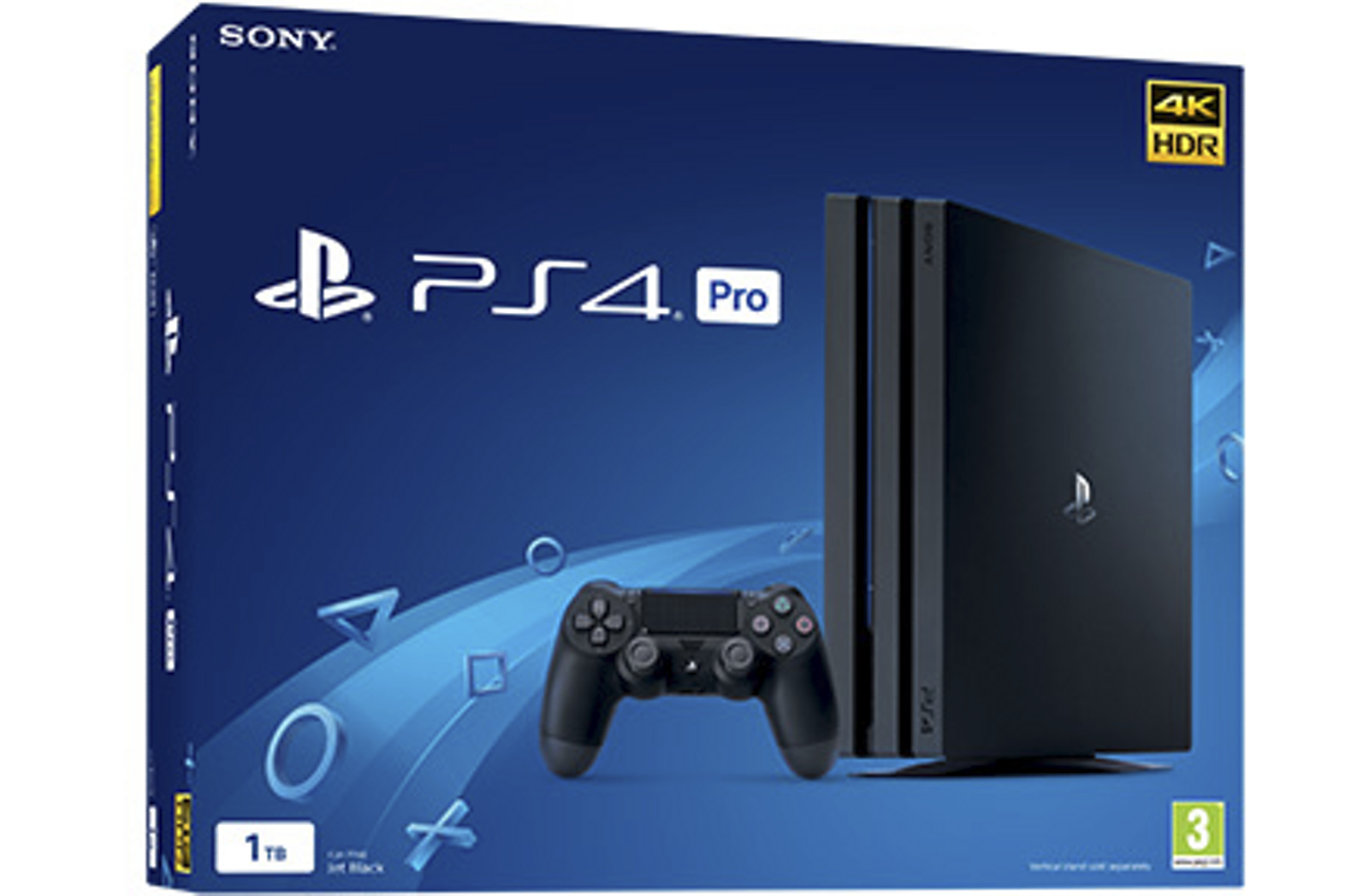 PS4 Pro doos met controller en console. Blauwe doos met console en controller.