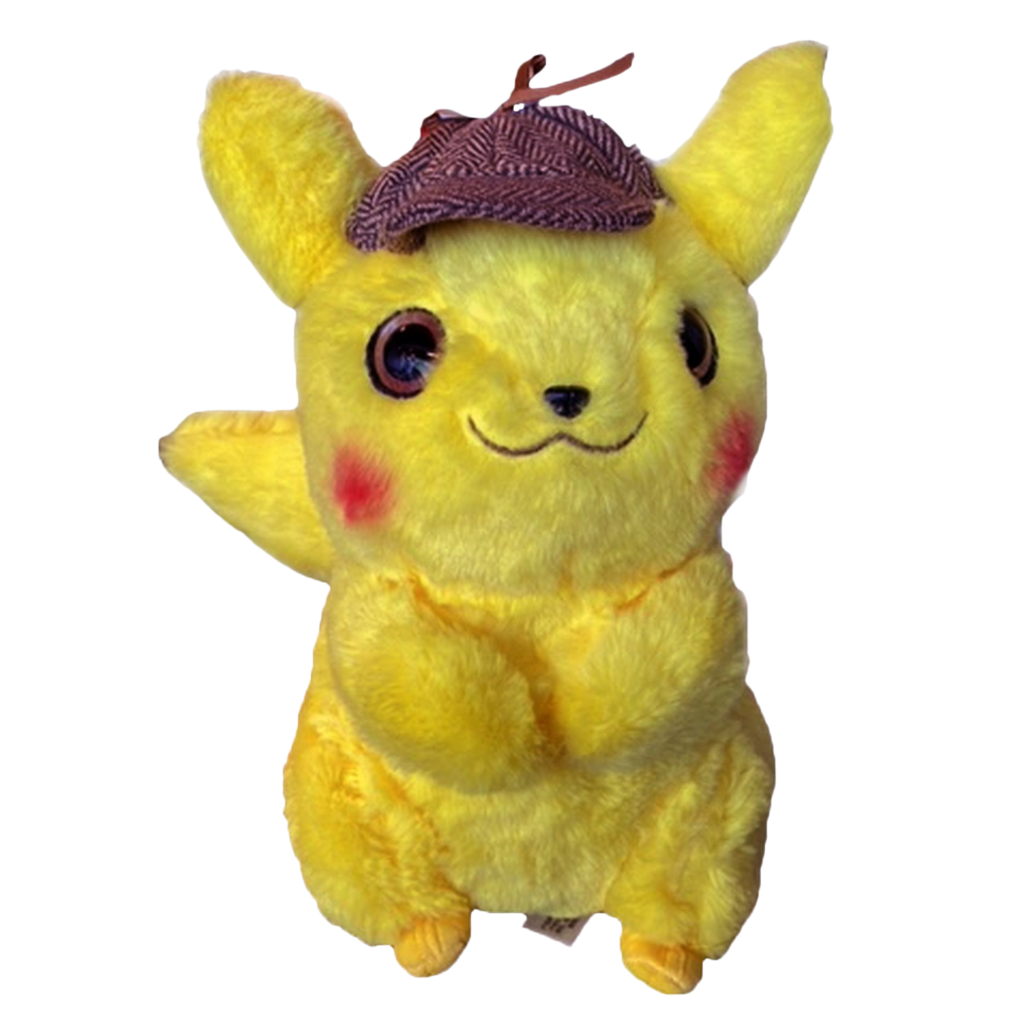 Gelbes Pikachu-Plüschtier mit Detektivhut, lächelnd, mit roten Wangen.