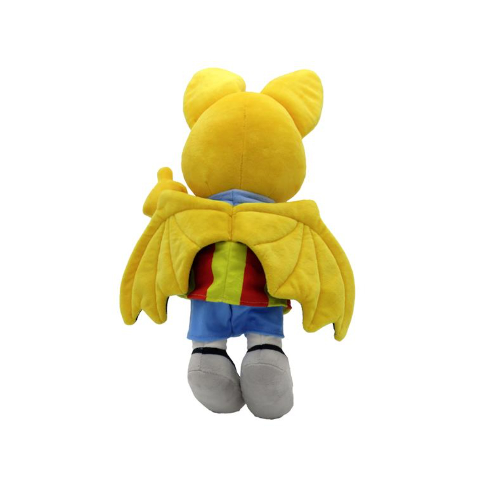 Murciélago de peluche con alas amarillas, con camisa y pantalones cortos, vista trasera.