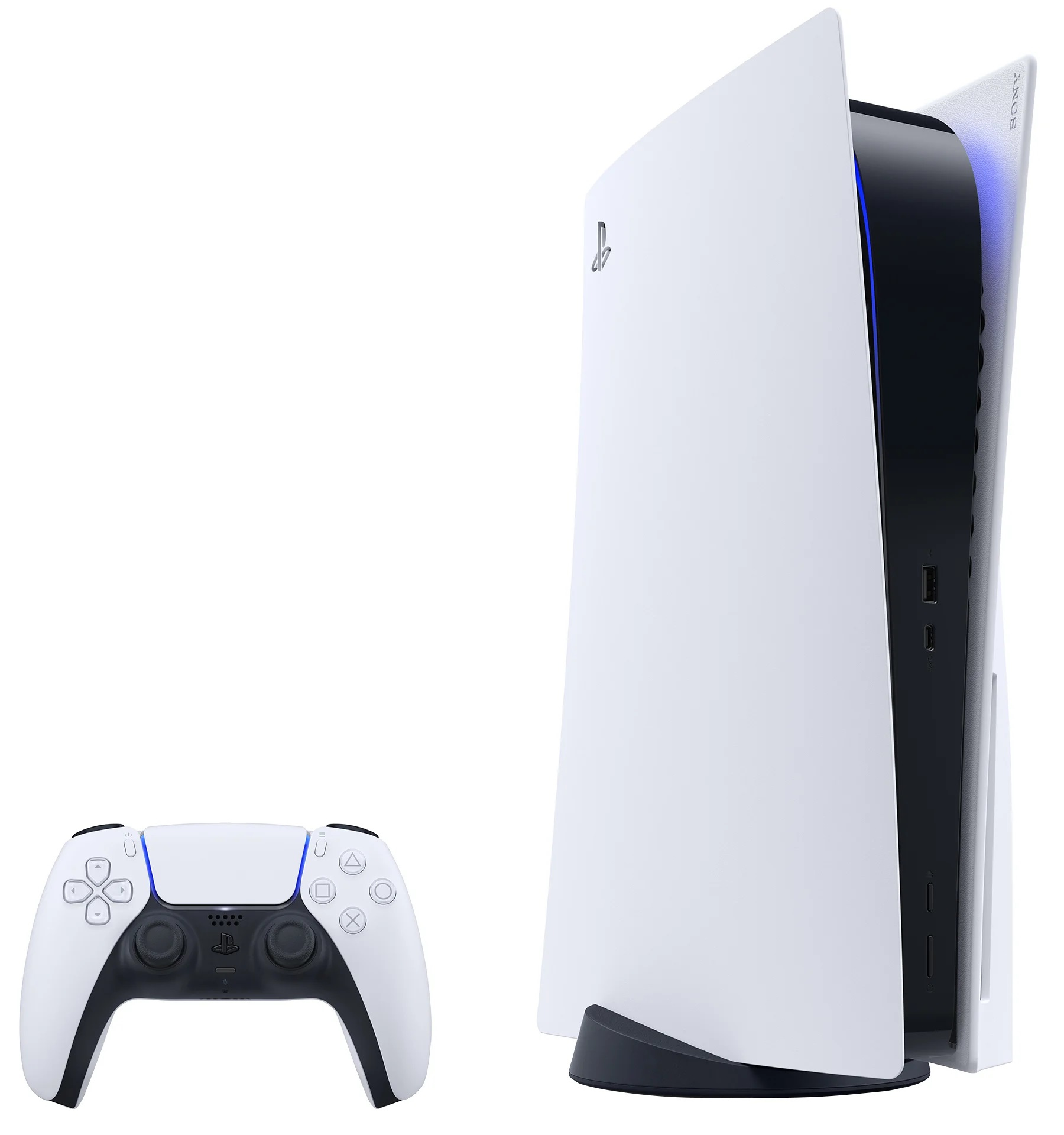 PlayStation 5 Konsole mit Controller. Konsole ist weiß und schwarz. Controller ist weiß.