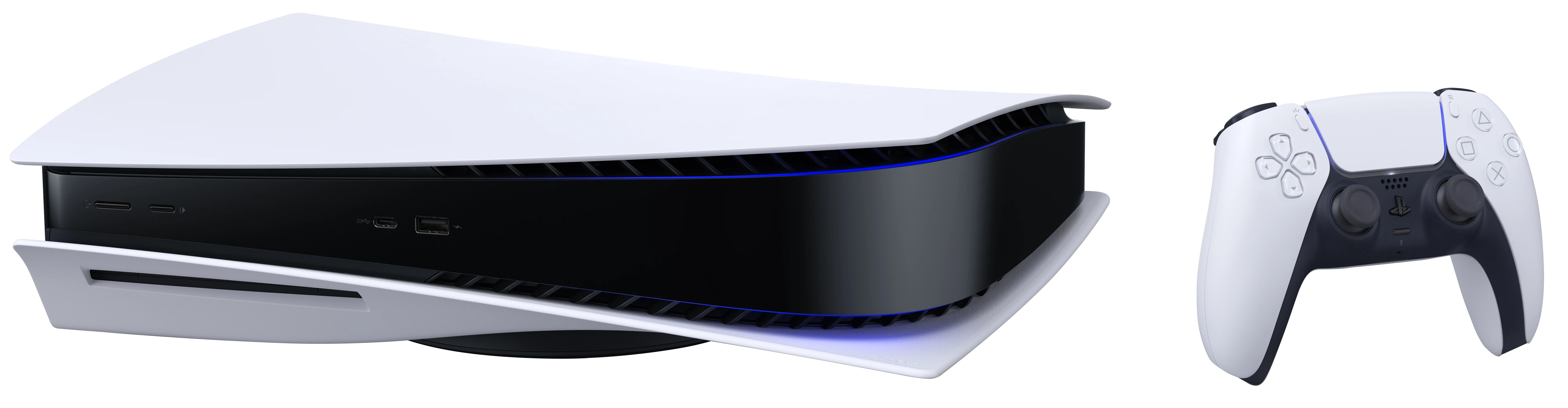 Weiße PlayStation 5 Konsole und weißer DualSense Controller, isoliert auf weißem Hintergrund.