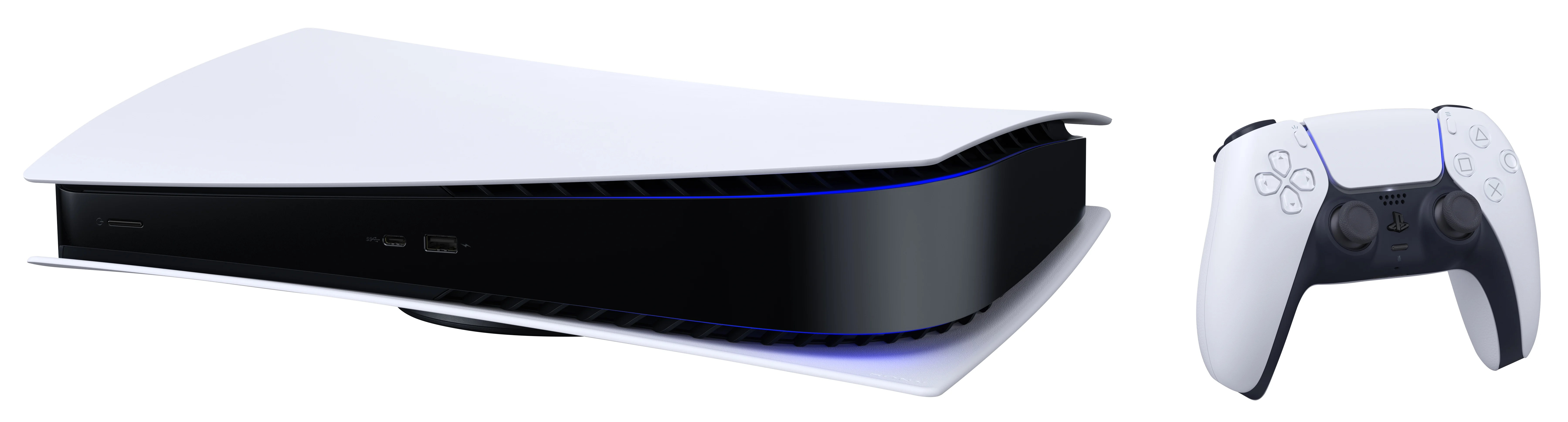 PlayStation 5 console with controller. Console is white and black. Controller is white.