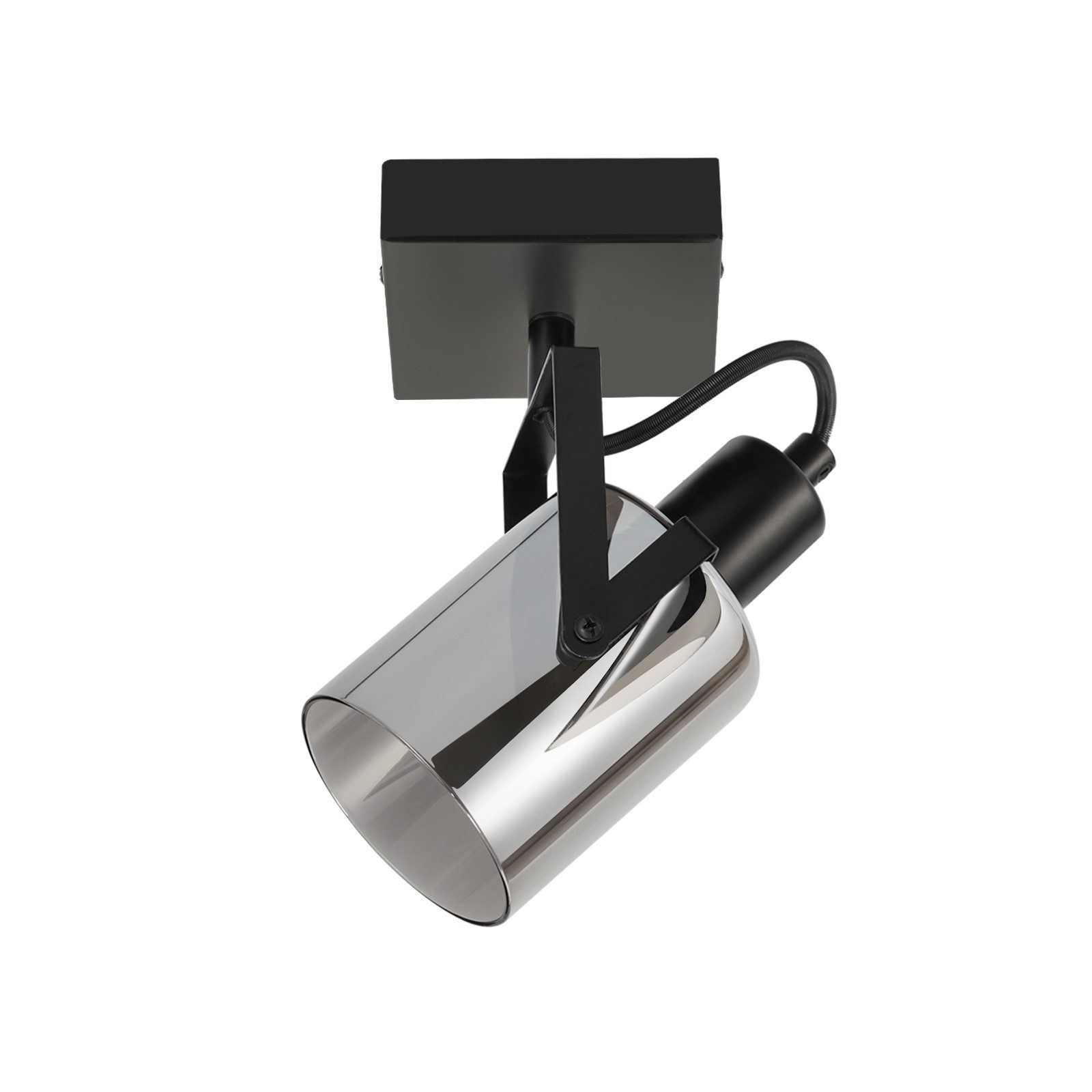 Nowoczesna chromowana i czarna oprawa reflektora, zamontowana na białym tle.