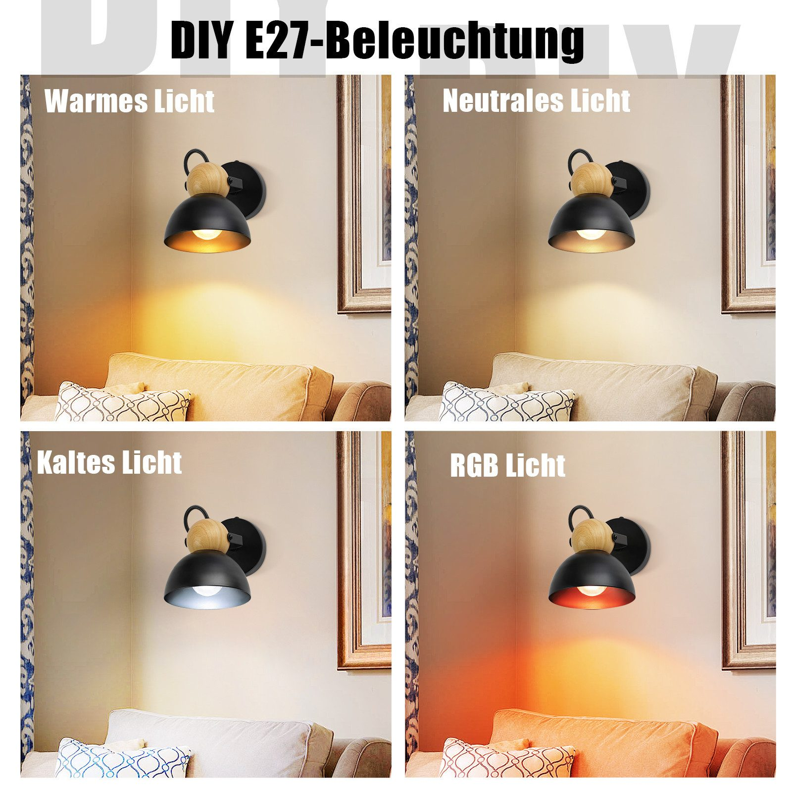 Cztery obrazy pokazujące lampy ścienne z różnymi kolorami światła: ciepłym, neutralnym, zimnym i RGB.