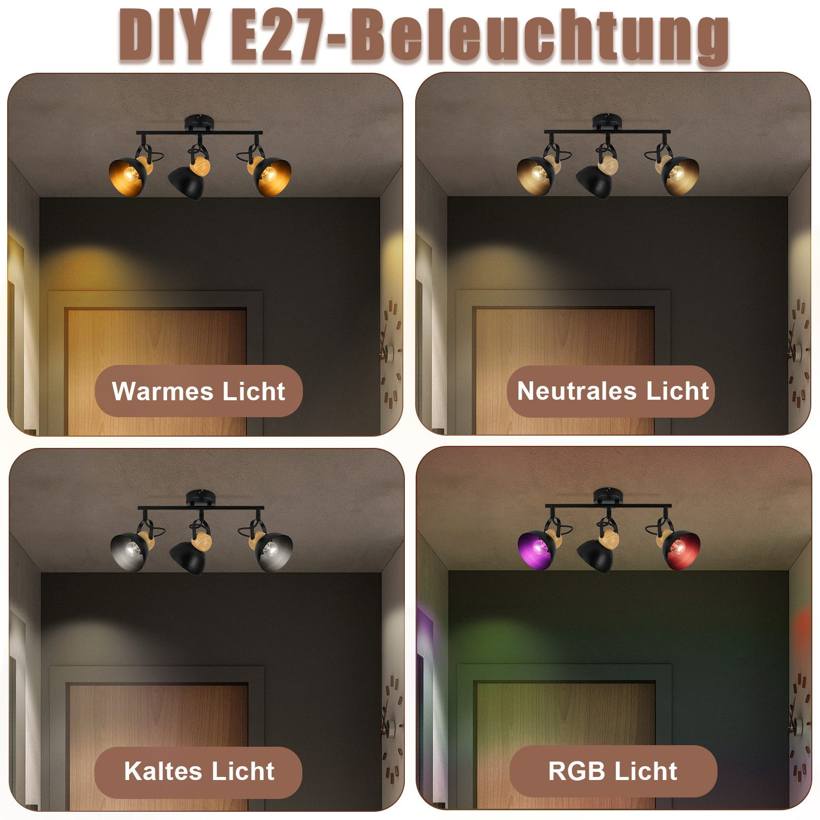 Cztery obrazy prezentujące opcje oświetlenia szynowego z różnymi kolorami światła.