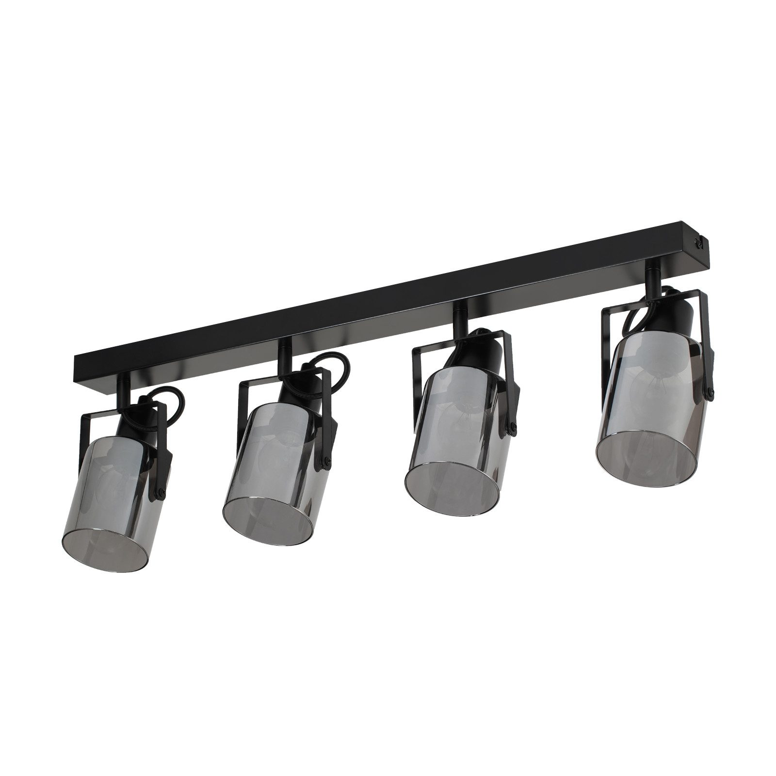 Czarna oprawa oświetleniowa szynowa z czterema regulowanymi reflektorami na białym tle.