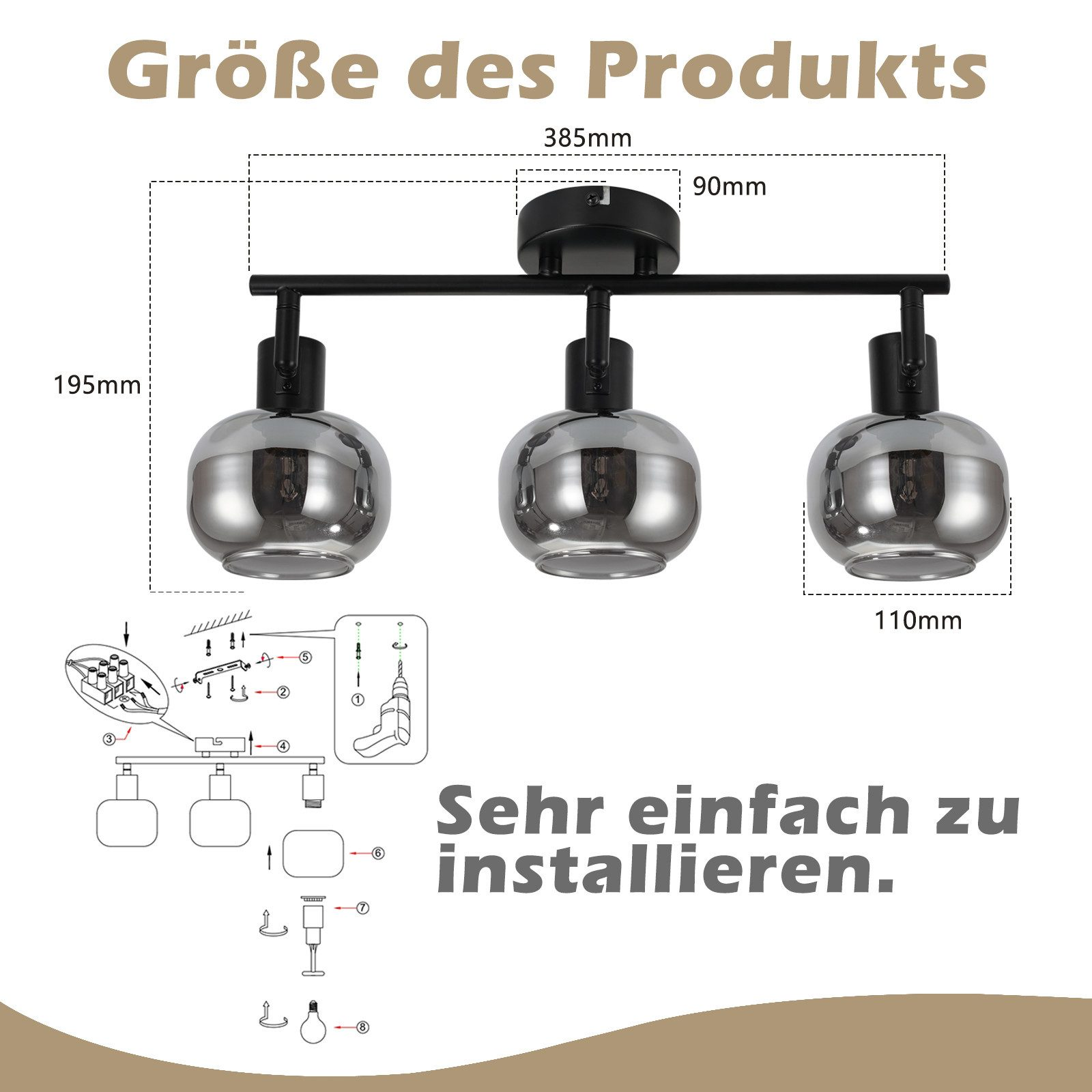 Czarna lampa sufitowa z trzema srebrnymi szklanymi kloszami, z diagramem pokazującym wymiary i instalację.