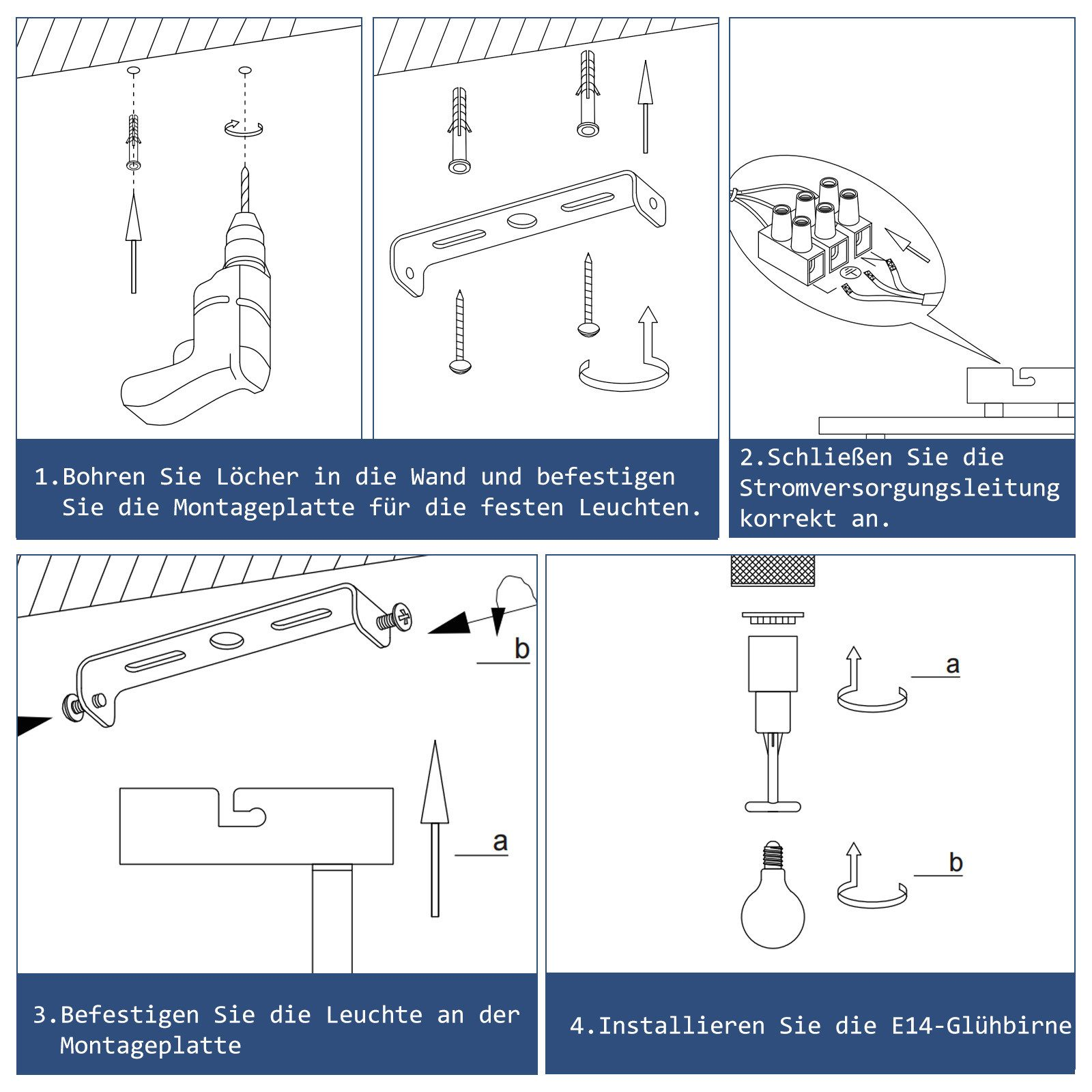 Fasi di installazione per un apparecchio di illuminazione. I diagrammi mostrano foratura, cablaggio e fissaggio.