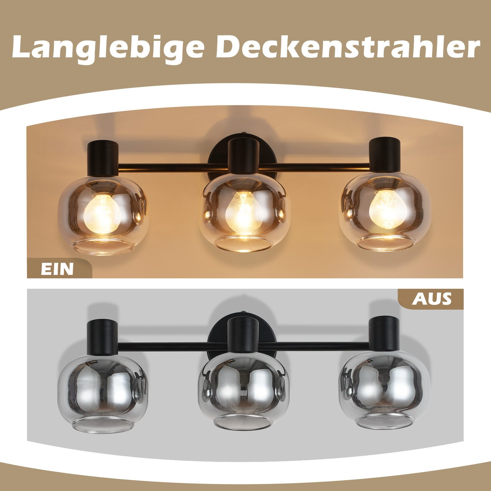 Trójpłomienna lampa sufitowa. Pokazane stany włączenia i wyłączenia. Czarna oprawa z kloszami w kształcie kuli szklanej.