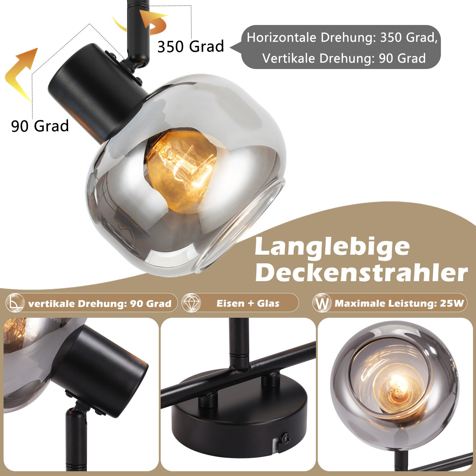 Czarna i srebrna lampa sufitowa z trzema światłami, z tekstem o obrocie i maks. mocy.