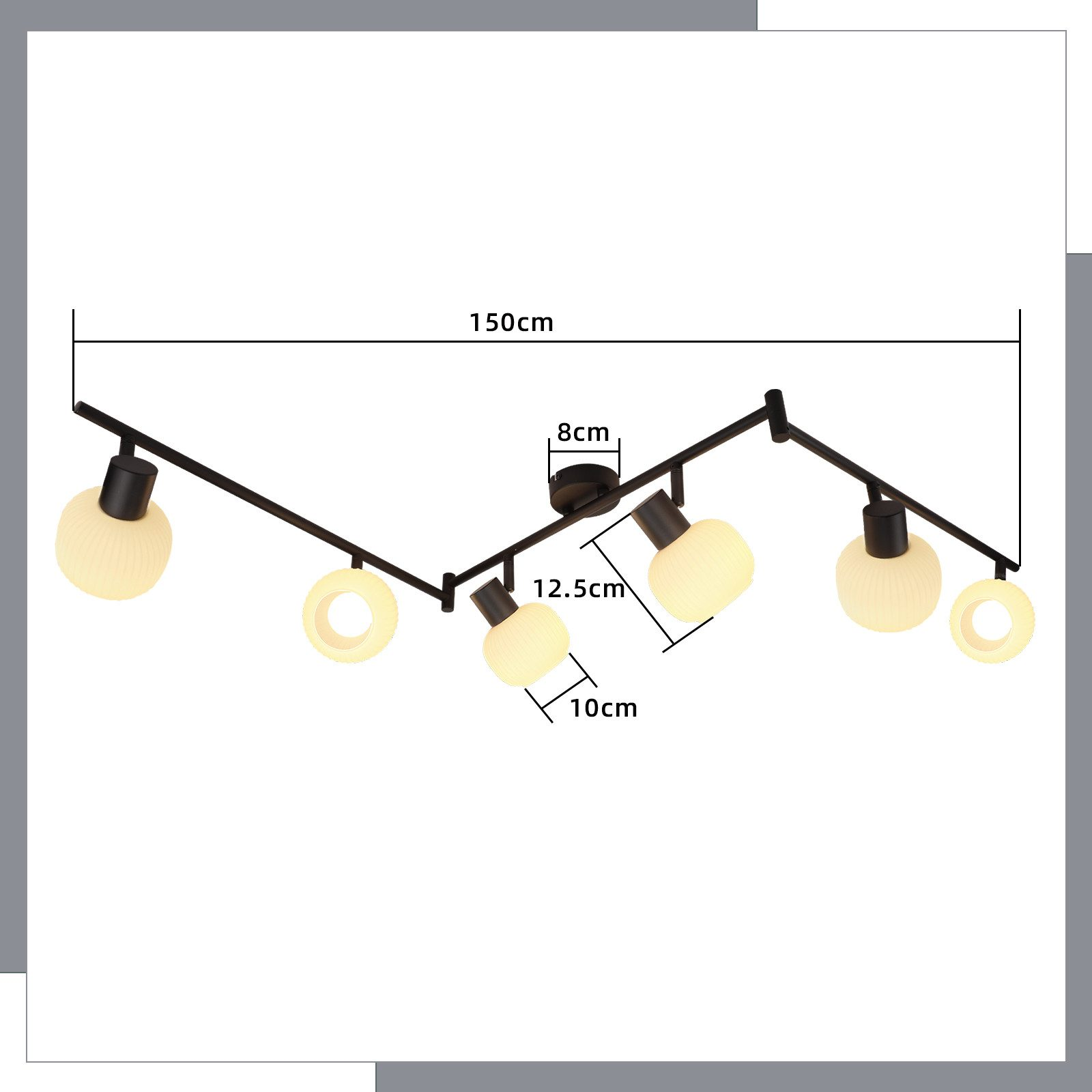 Czarna lampa sufitowa z pięcioma lampami, z oznaczonymi wymiarami, na jasnym tle.
