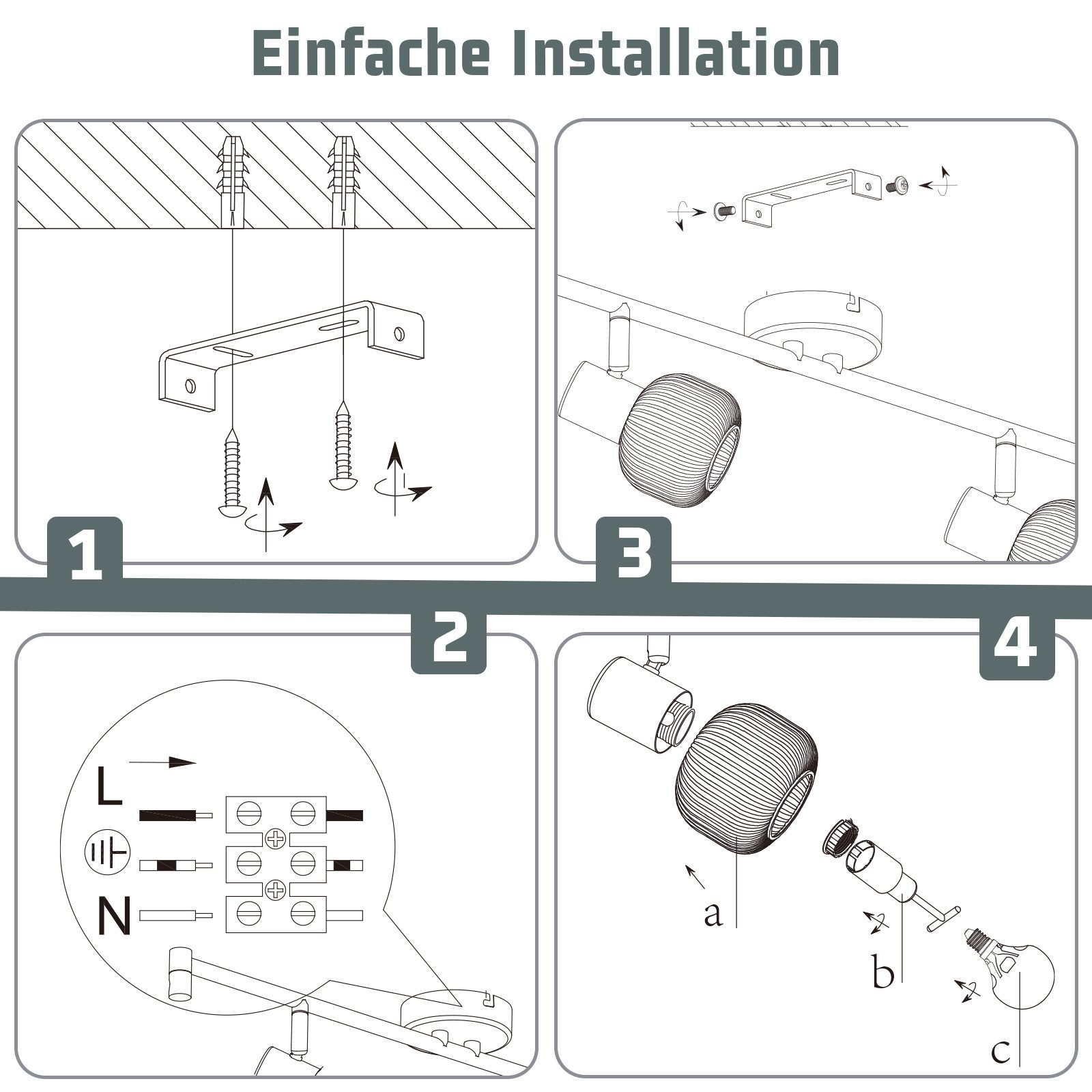 Schemat instalacji oświetlenia szynowego ze śrubami i przewodami.