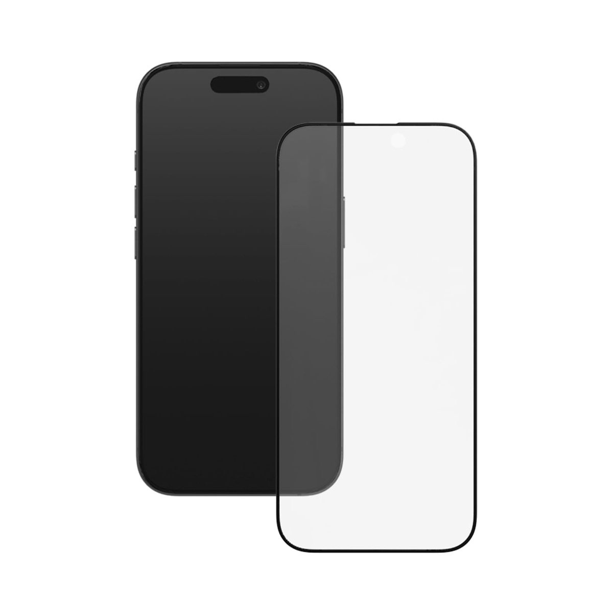 Zwei schwarze Telefone, eines mit aufgebrachter Displayschutzfolie. Weißer Hintergrund.