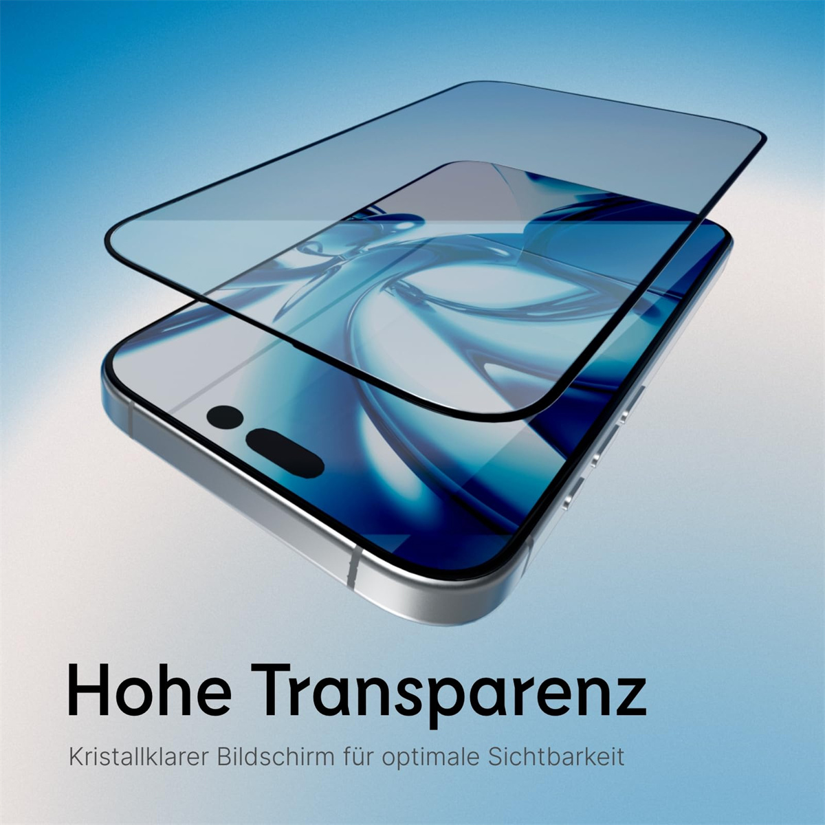 Ein transparenter Bildschirmschutz für Telefone wird auf einem Telefon mit blauem Hintergrund platziert.