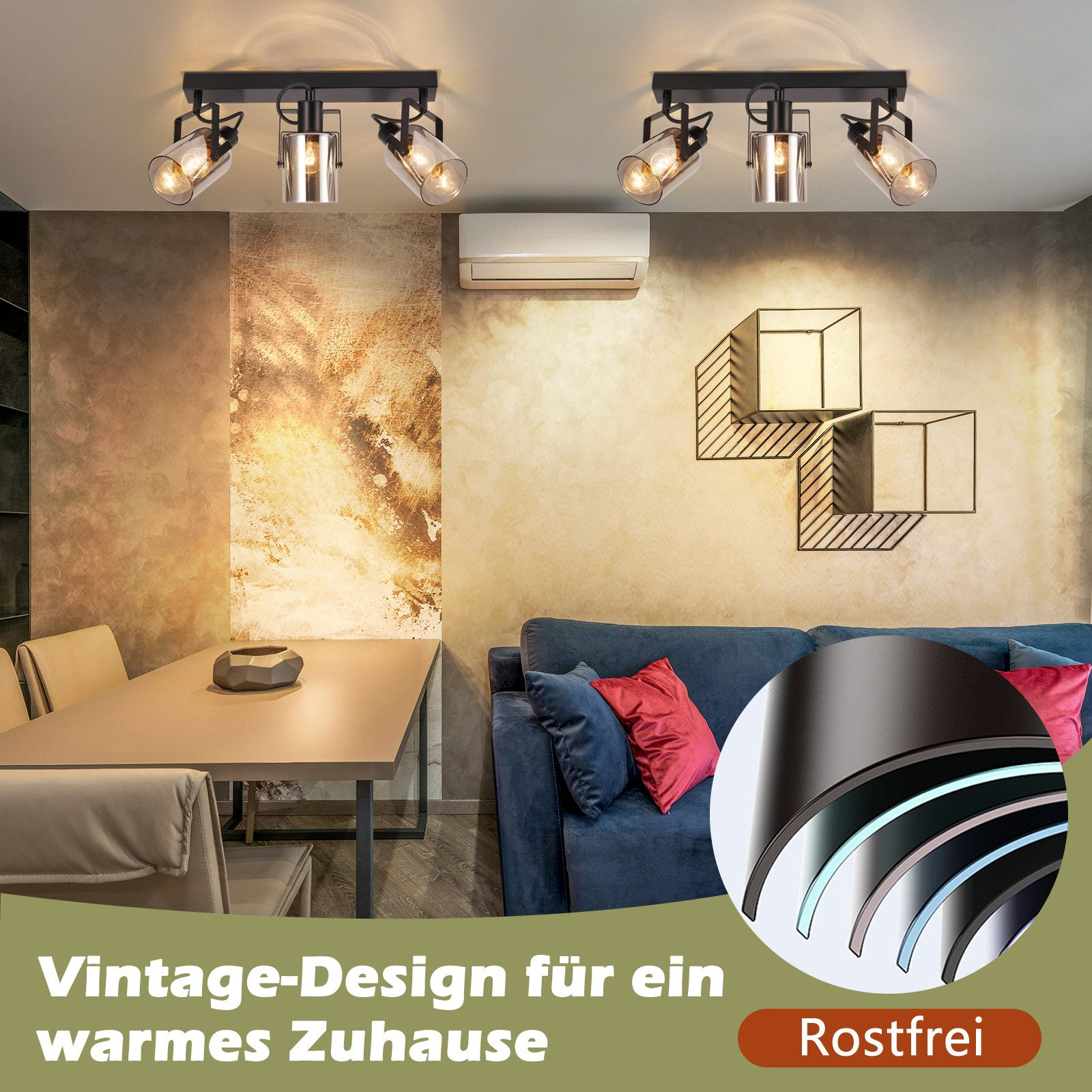 Pokój z dwoma lampami sufitowymi, sofą i stołem z zbliżeniem lampy.