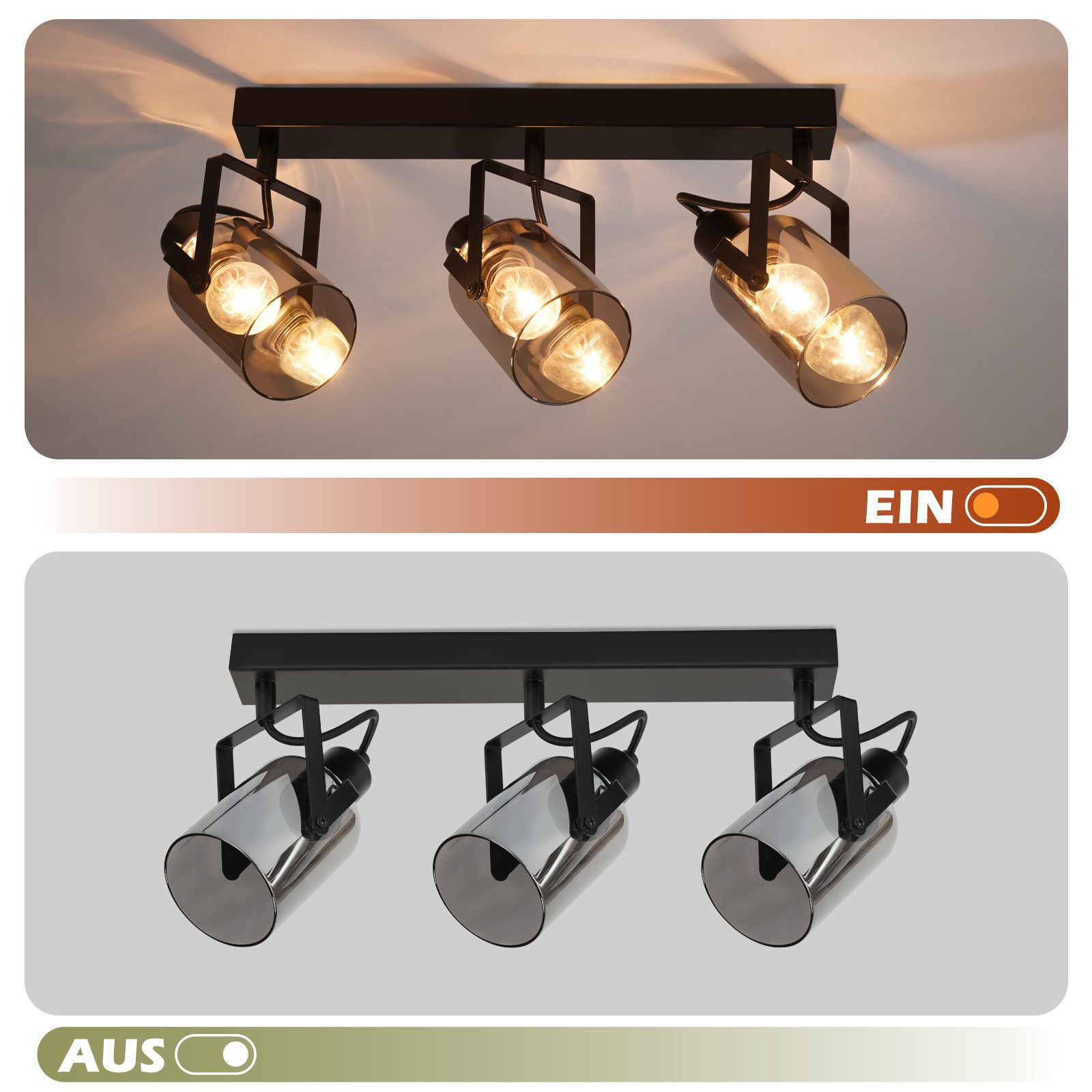 Dwa obrazy reflektorów; góra: światła włączone, dół: światła wyłączone.