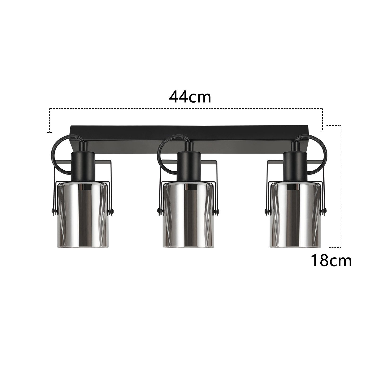 Czarna oprawa oświetleniowa z trzema srebrnymi lampami, podano wymiary.
