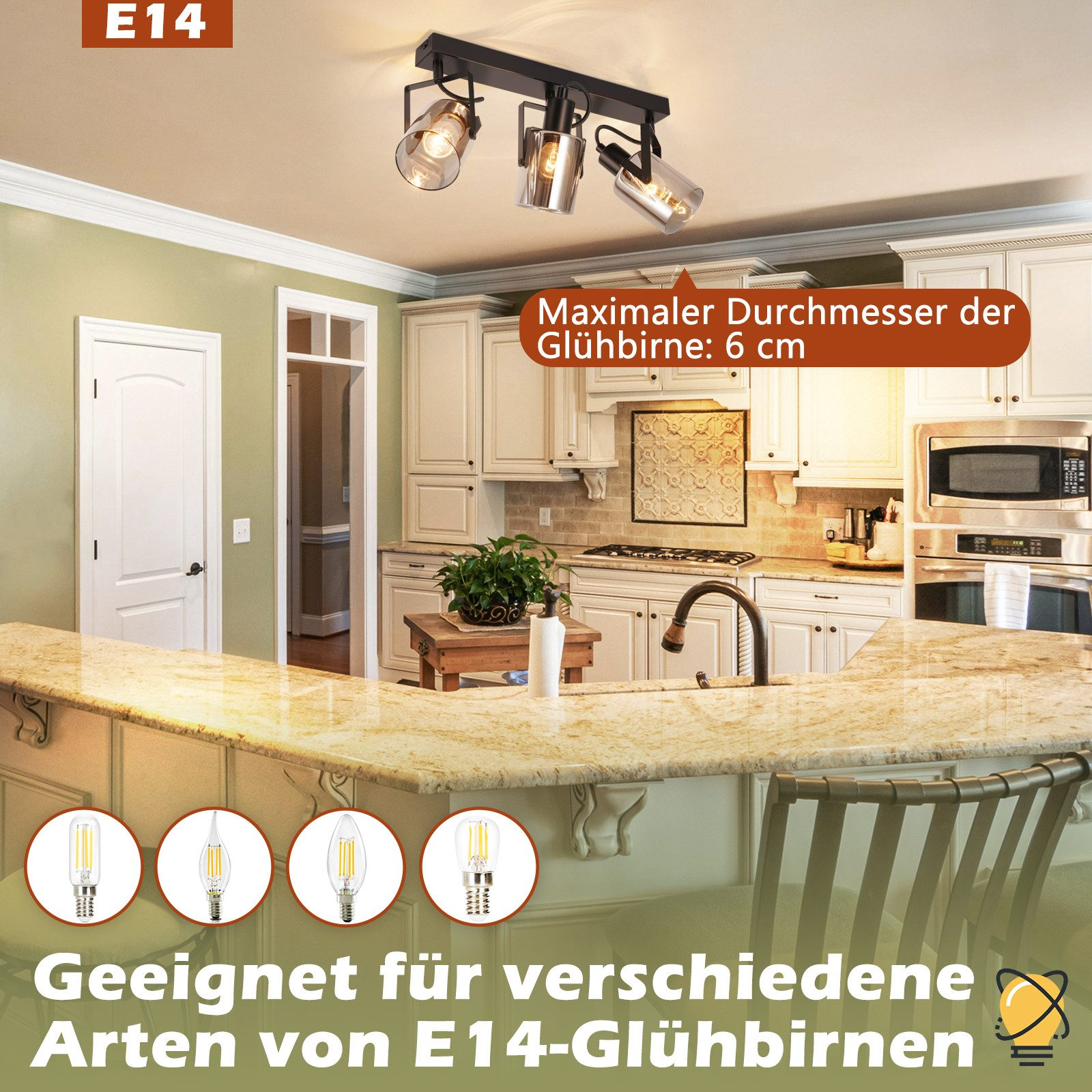 Kuchnia z reflektorami. Pokazano różne żarówki do różnych typów żarówek E14.