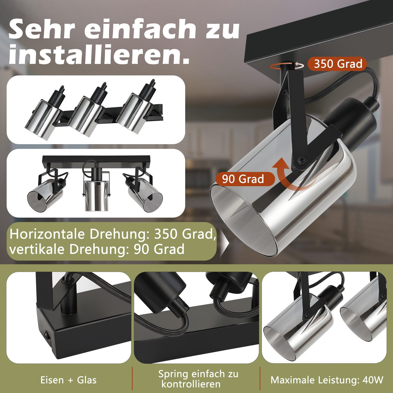 Czarny system oświetlenia szynowego. Pokazuje trzy regulowane światła i schematy pokazujące kąty obrotu.