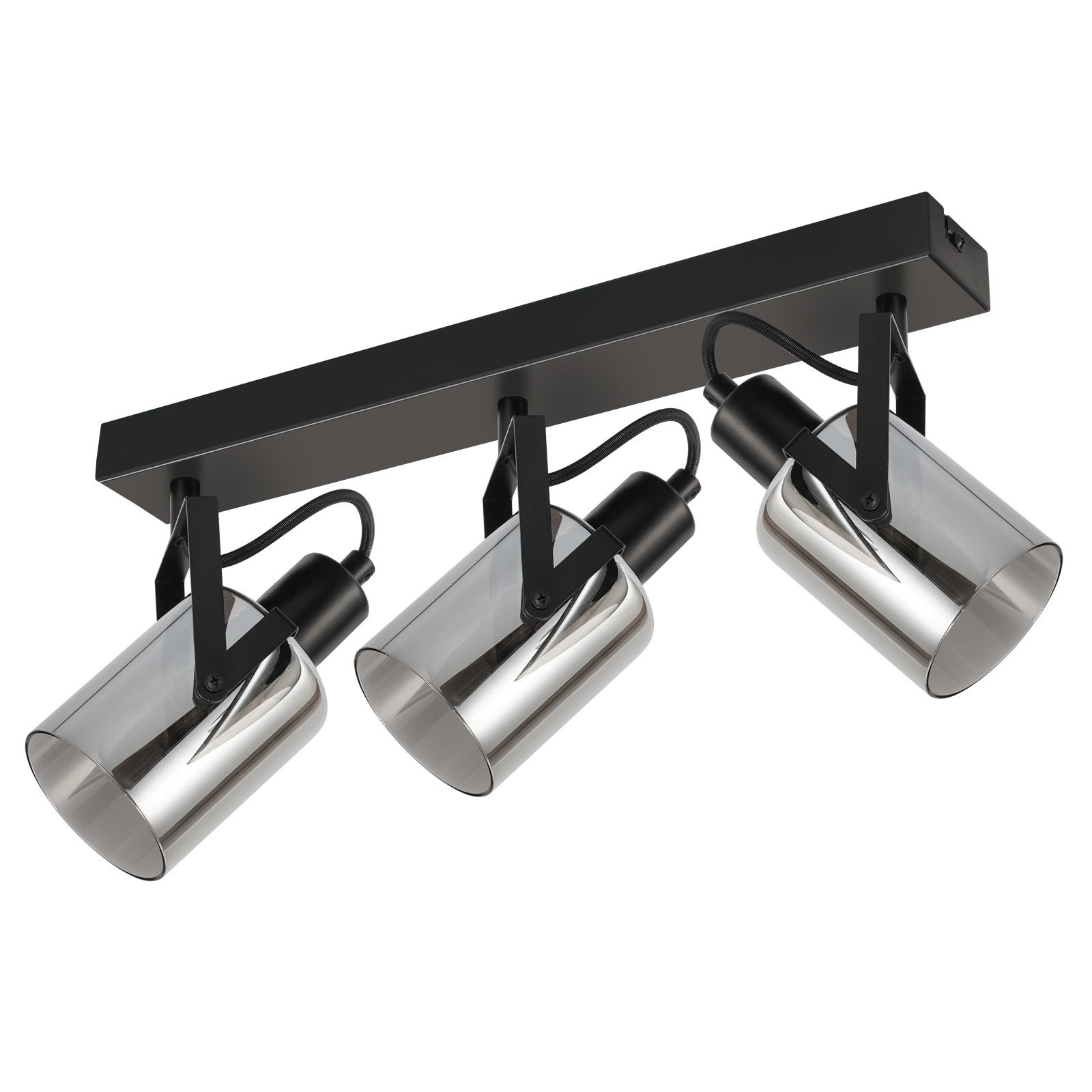 Trzy srebrne reflektory na czarnym drążku. Światła są skierowane w dół.