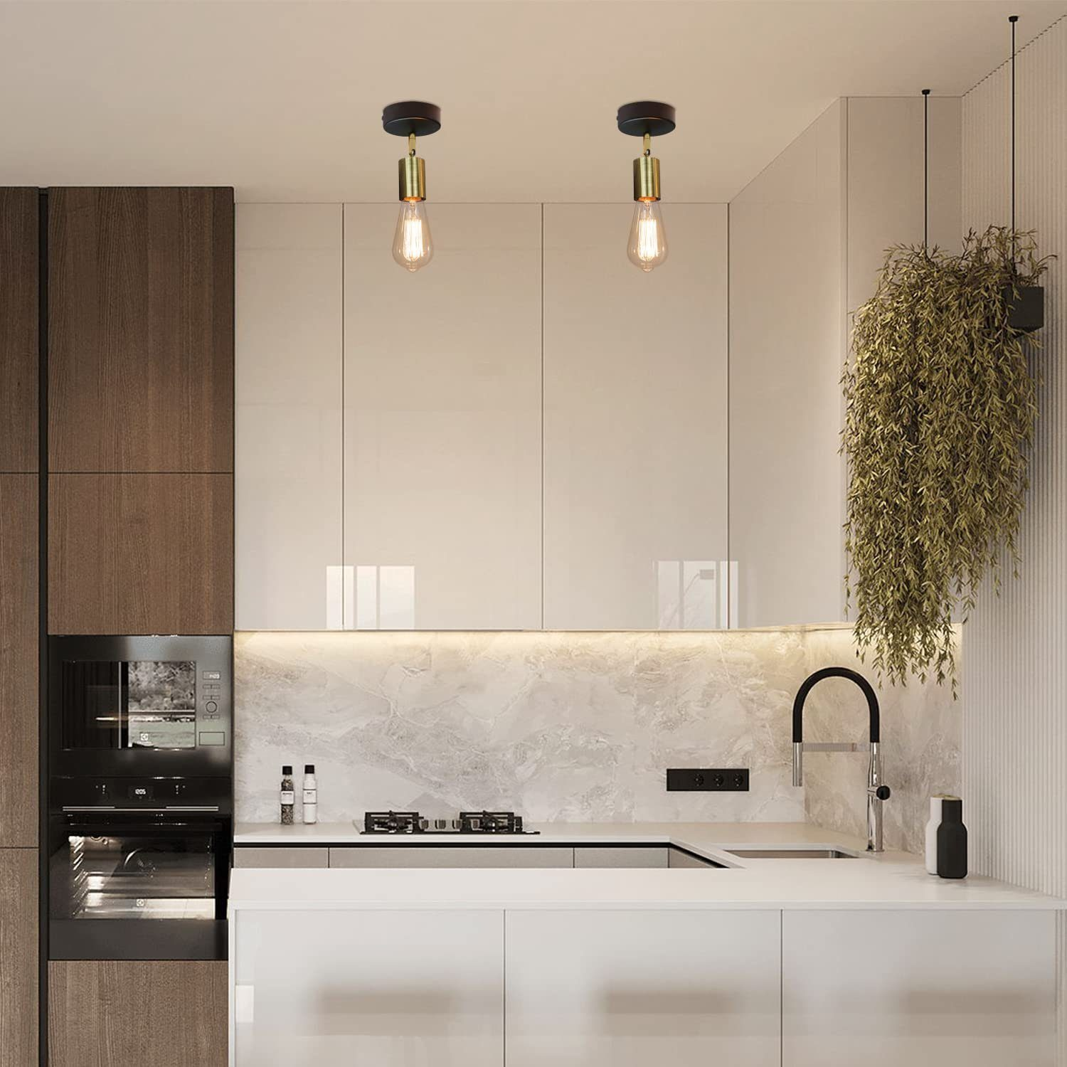 Interno cucina con due lampade a sospensione e pianta pensile. Mobili bianchi e alzatina in marmo.