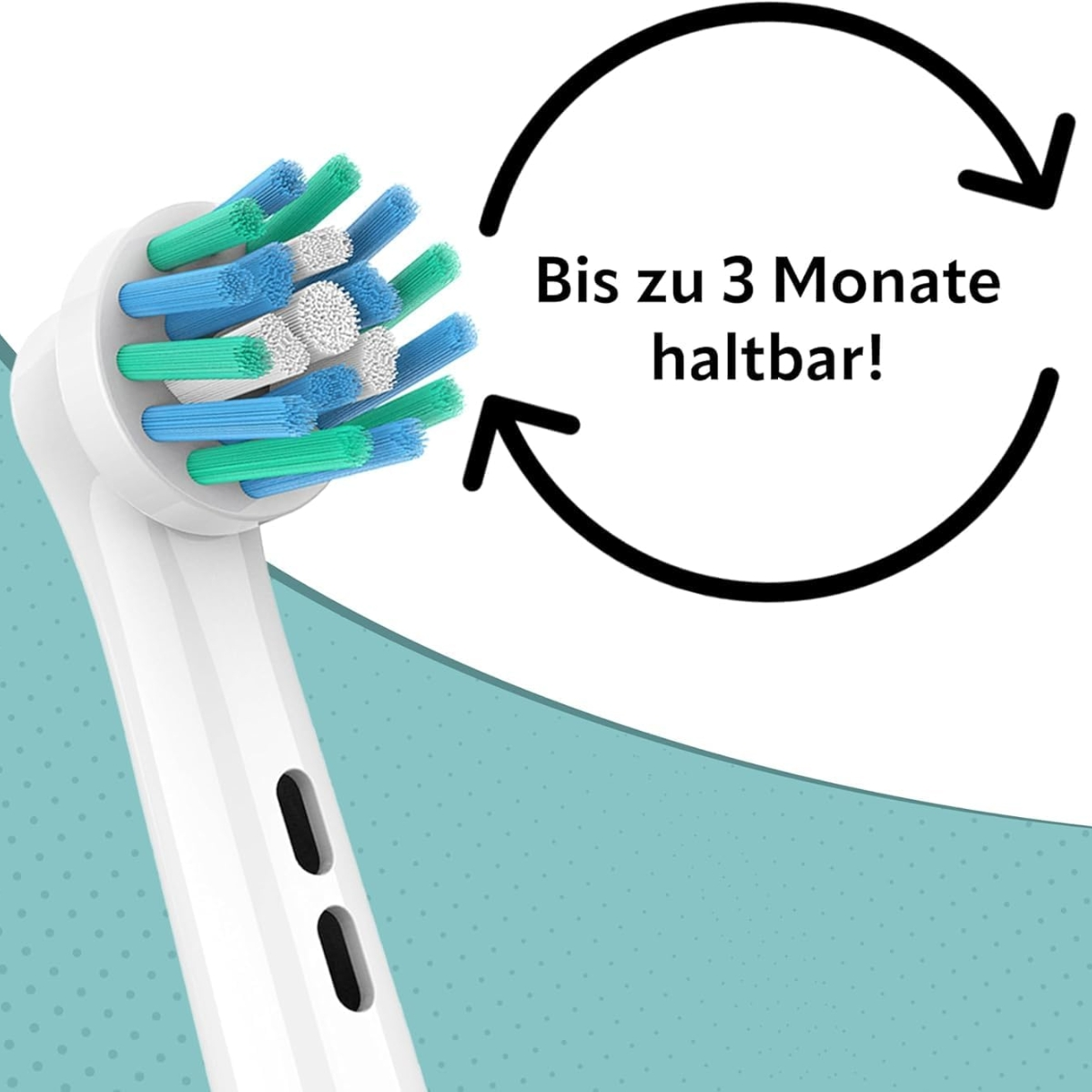 Nahaufnahme eines weißen Zahnbürstenkopfes mit mehrfarbigen Borsten. Text: 'Bis zu 3 Monate'.