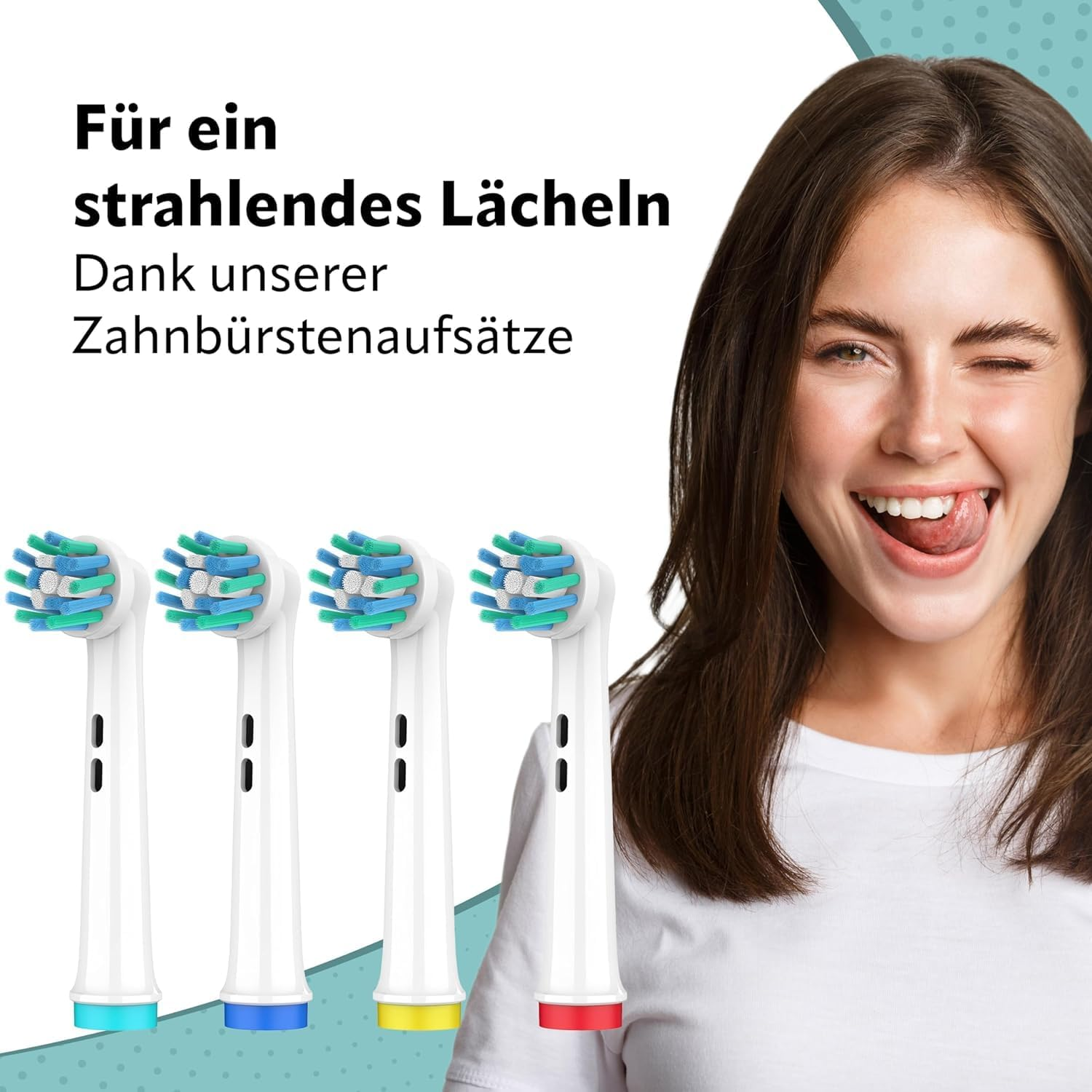 Frau zwinkert, mit Zahnbürstenköpfen neben deutschem Text.
