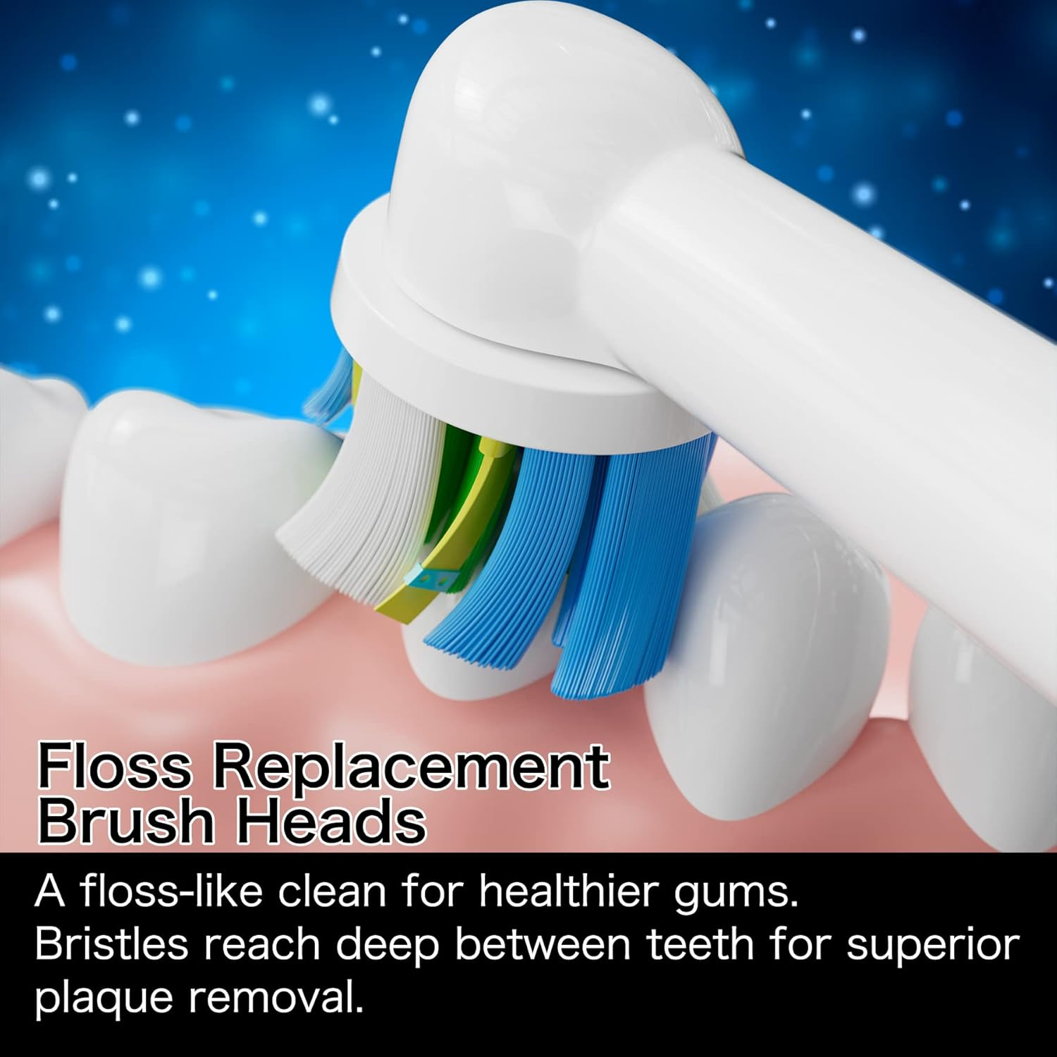 Oral-B elektrische Zahnbürstenkopf mit blauen, weißen und gelben Borsten vor Zähnen.