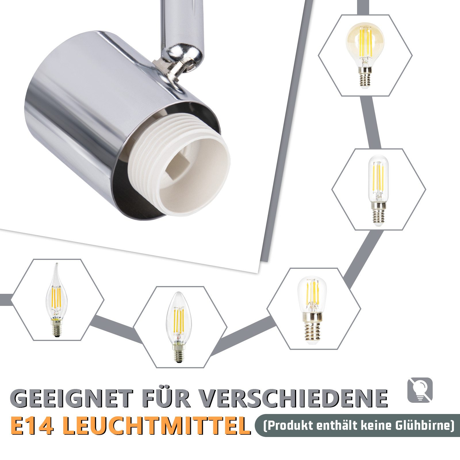 Chromowana oprawa oświetleniowa z różnymi opcjami żarówek E14. Tekst: 'Odpowiednie dla różnych żarówek E14'.